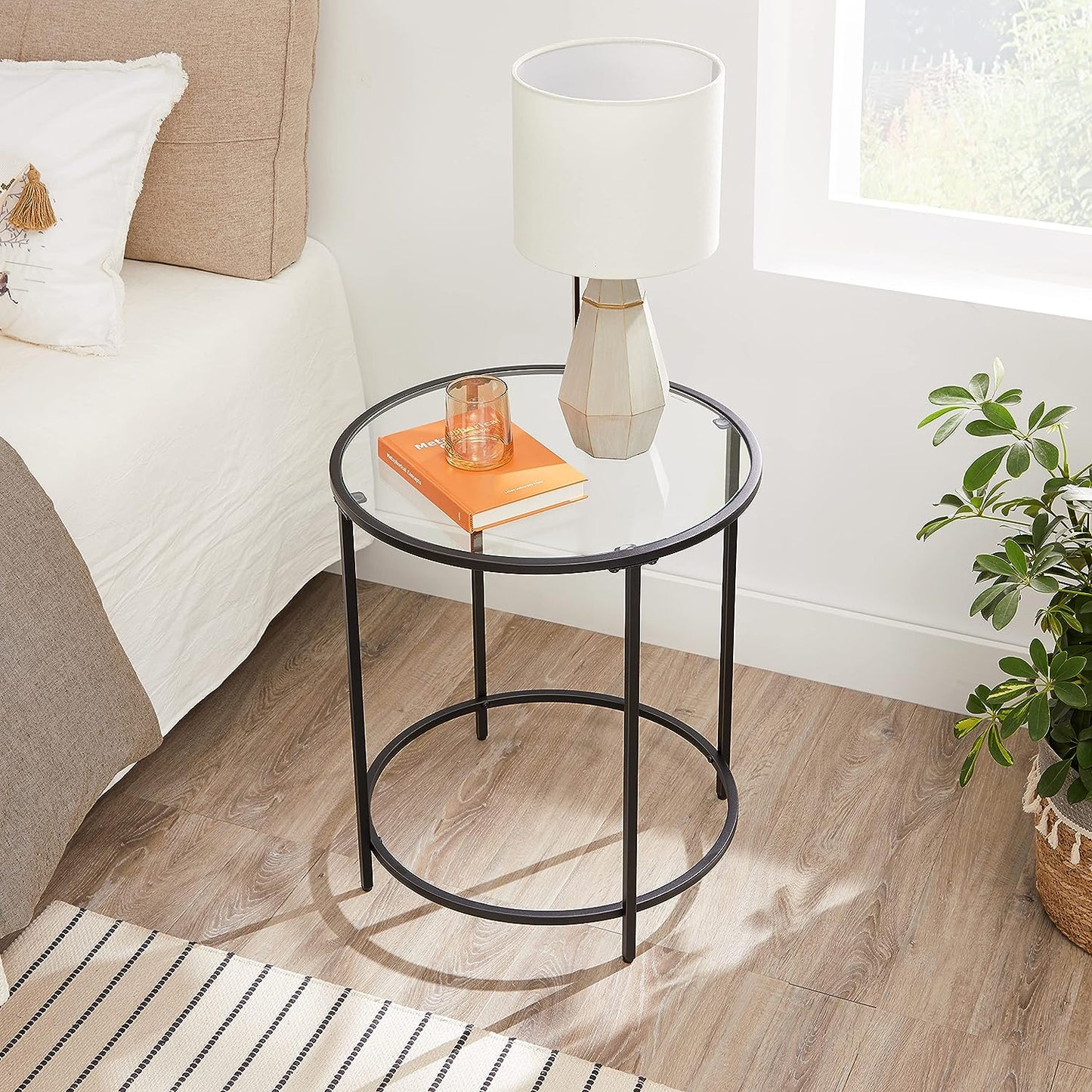 Glass Round Side Table with Metal Frame, Set of 2
