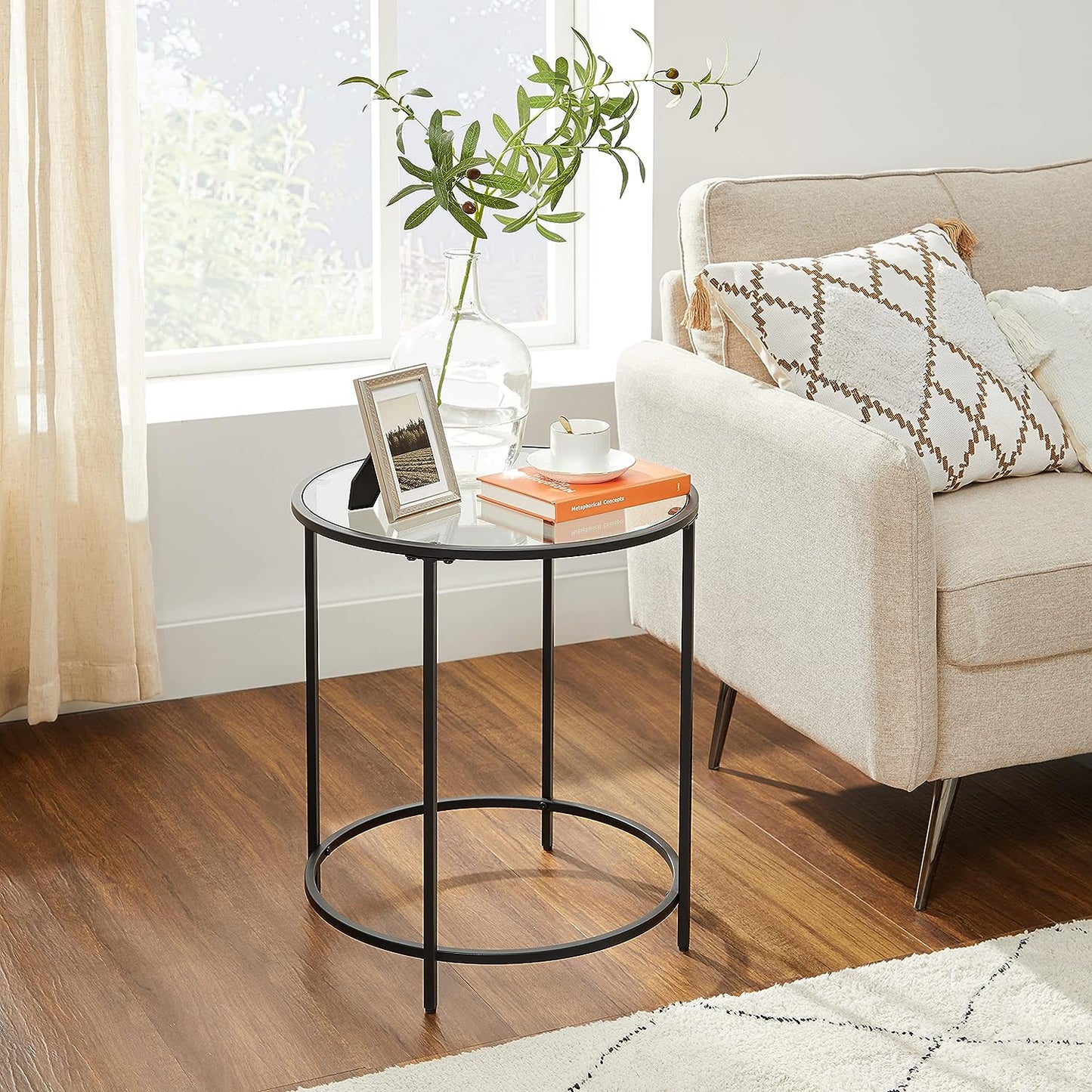 Glass Round Side Table with Metal Frame, Set of 2