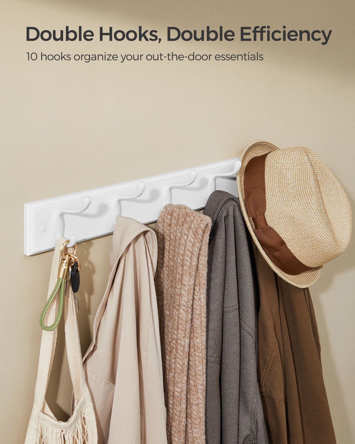 Wall-Mounted Coat Rack with 5 Dual Metal Hooks