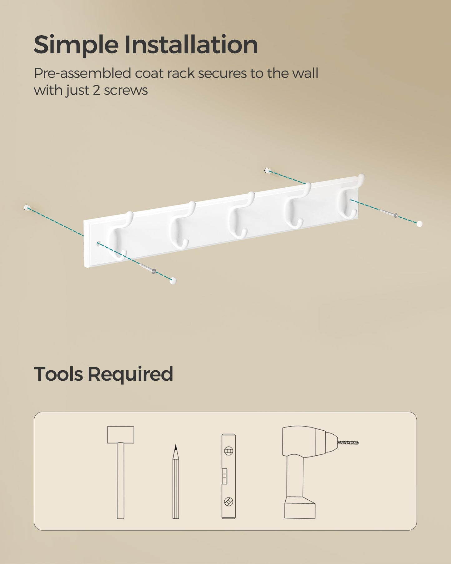 Wall-Mounted Coat Rack with 5 Dual Metal Hooks