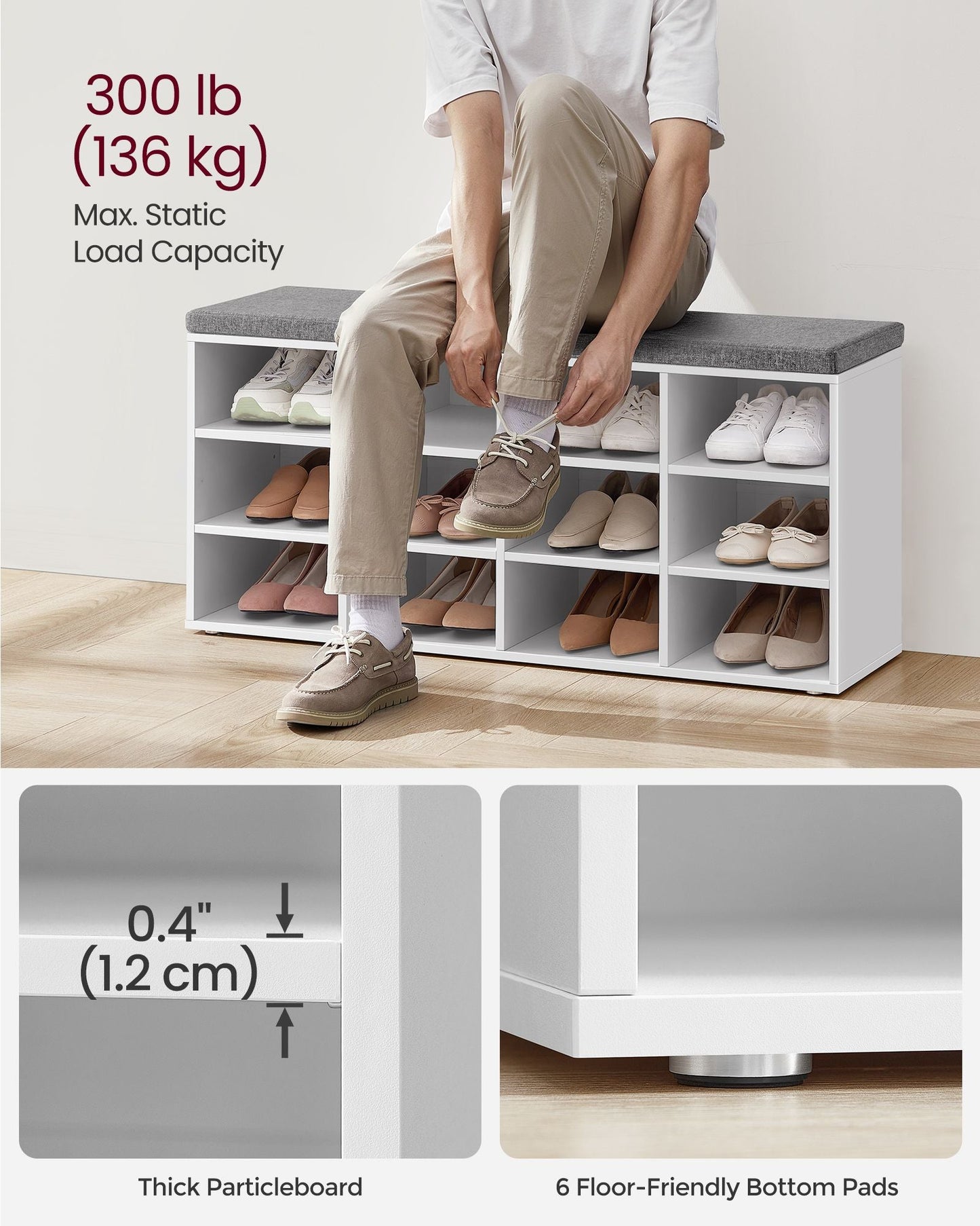 Shoe Bench with Cushion,12 Compartments