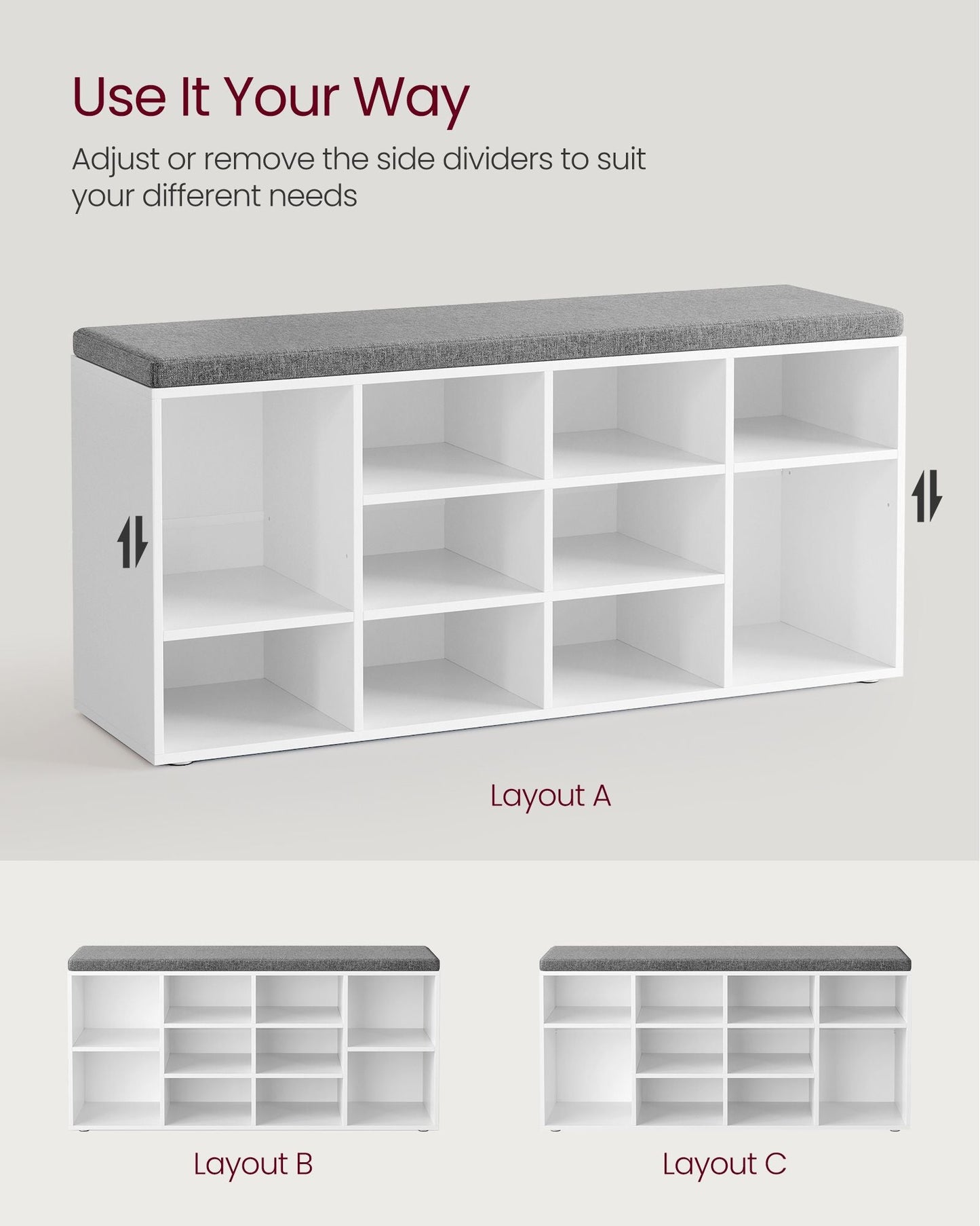 Shoe Bench with Cushion,12 Compartments