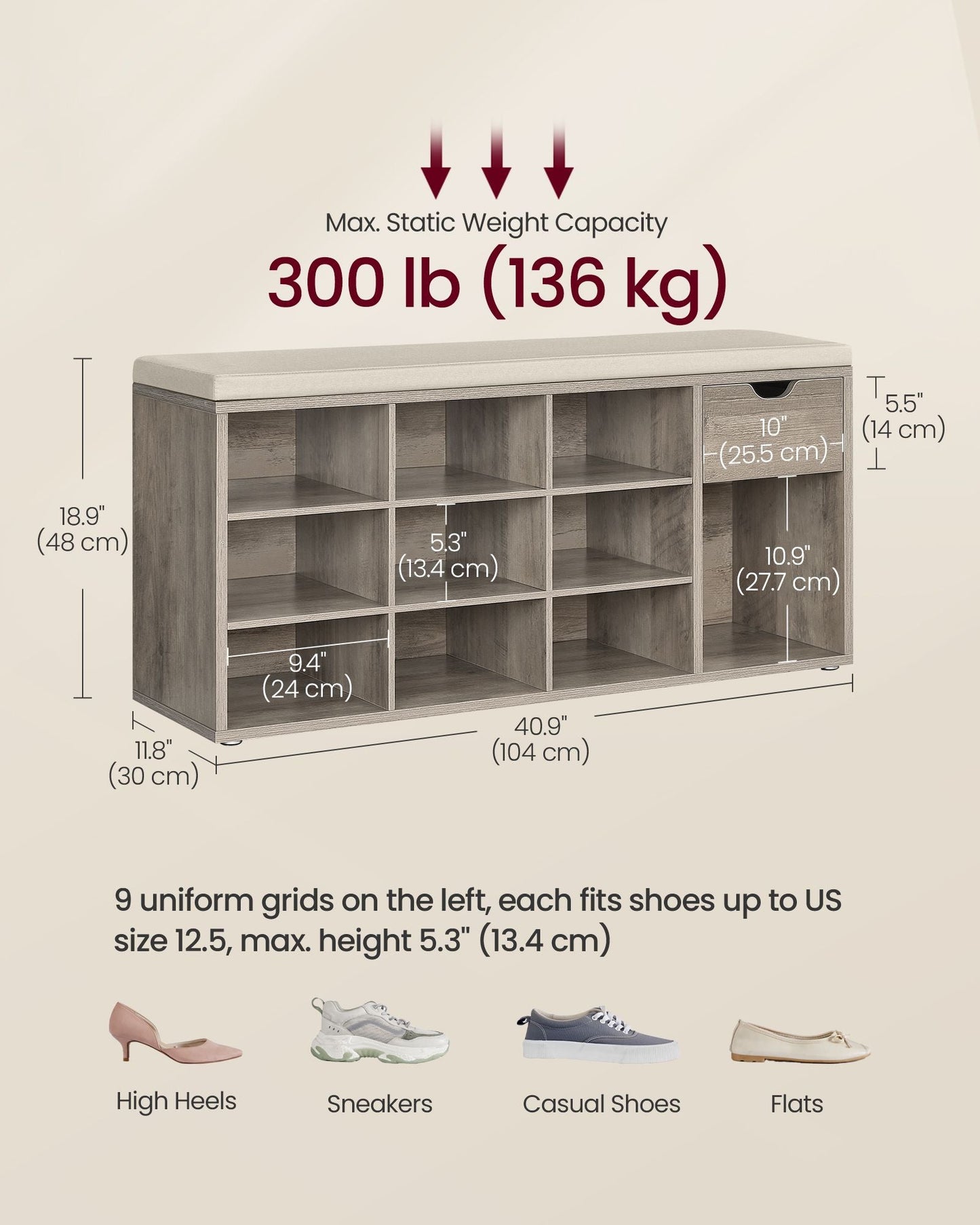 Storage Bench with Cushion, Drawer and Open Compartments