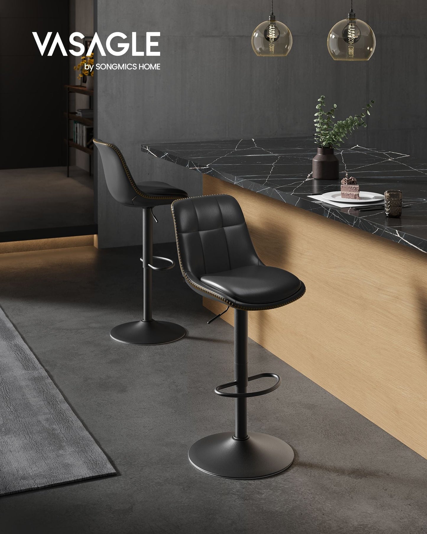 Bar Stools, Set of 4 Swivel Bar Chairs, Adjustable Height, Ink Black