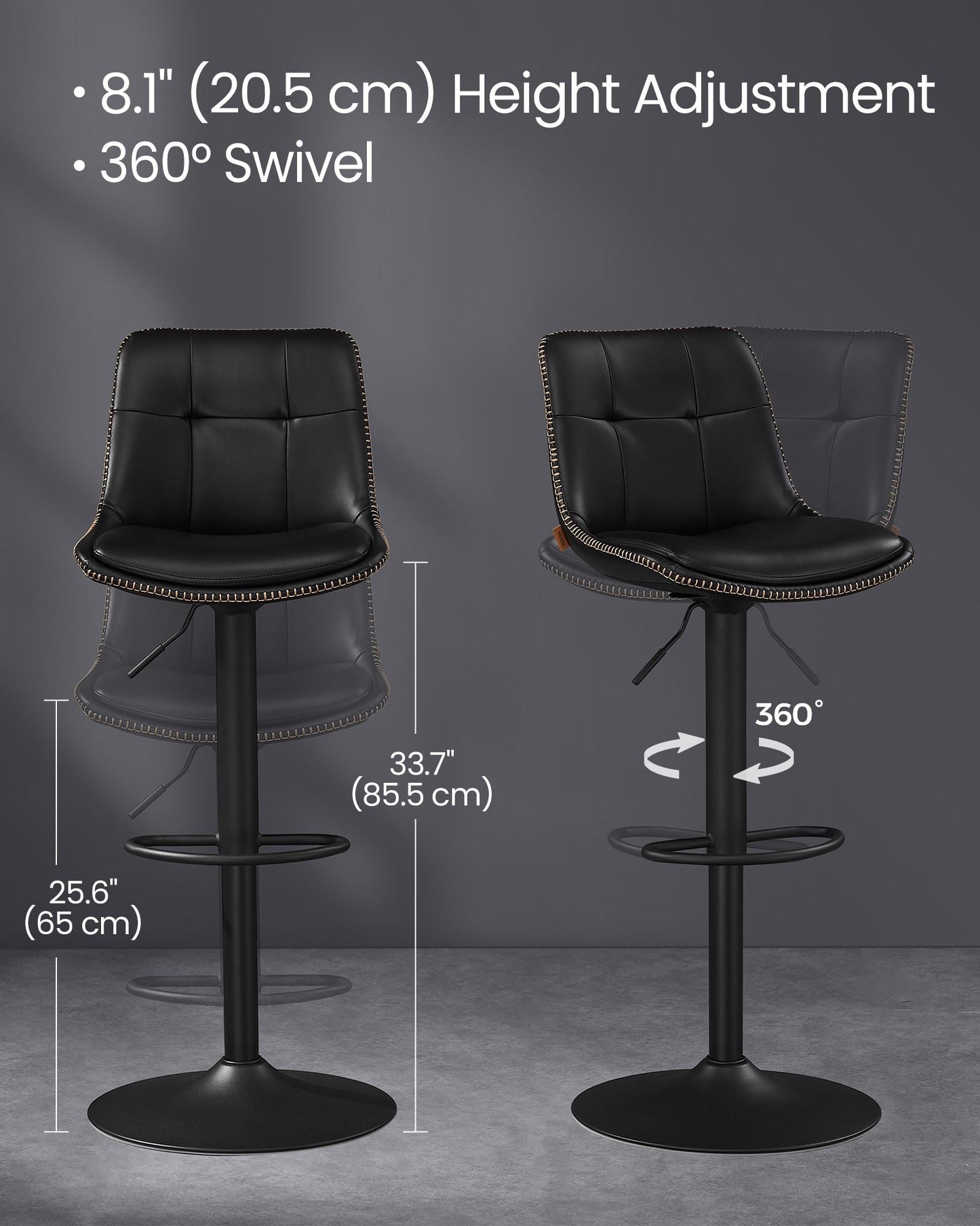 Bar Stools, Set of 2 Swivel Bar Chairs, Adjustable Height, Caramel Brown