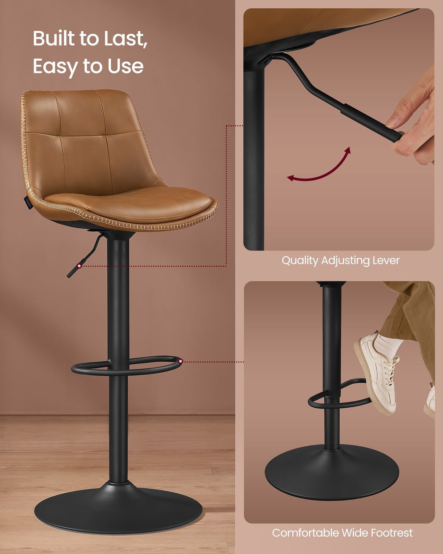 Bar Stools, Set of 2 Swivel Bar Chairs, Adjustable Height, Caramel Brown