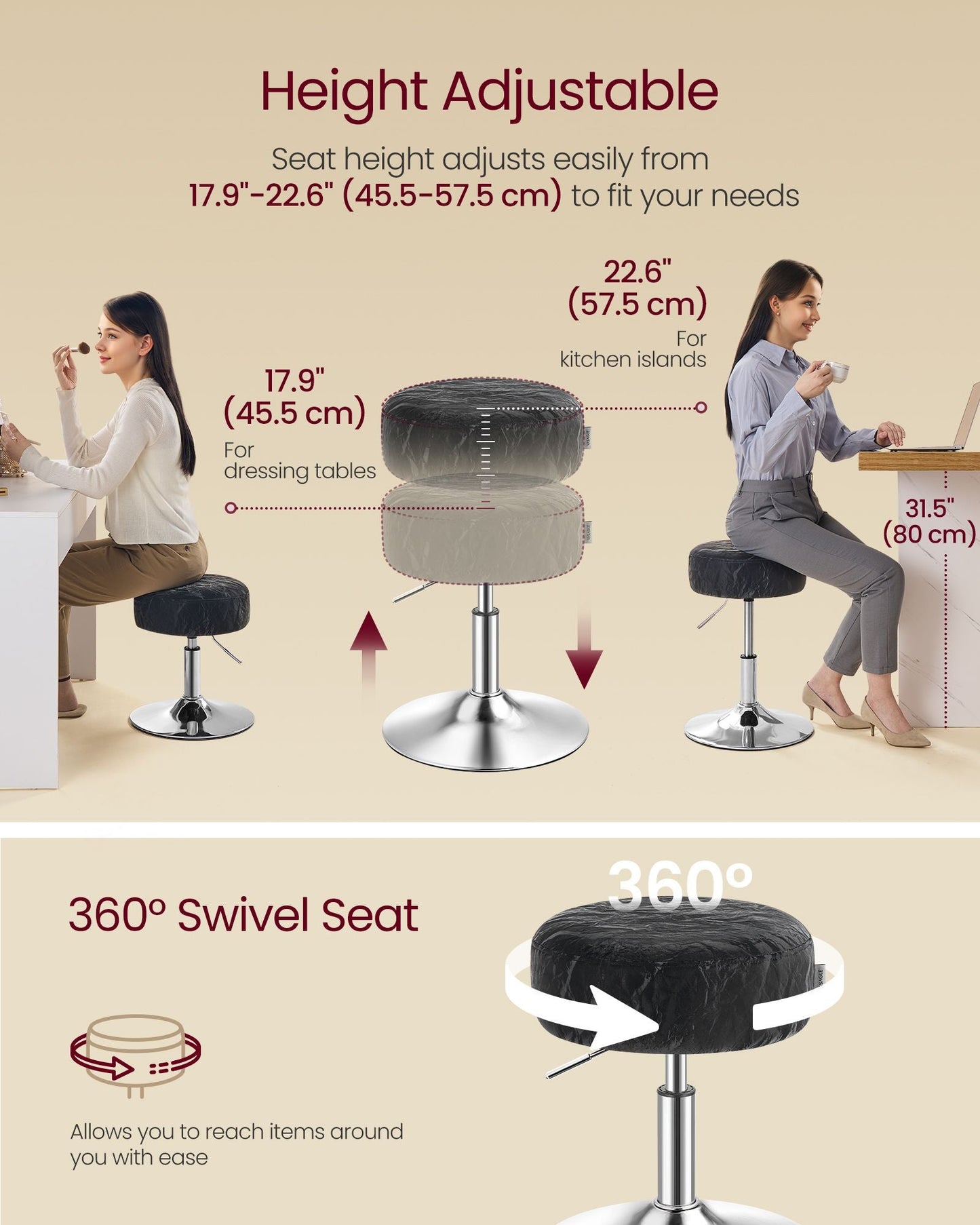 Vanity Stools Set of 2, Makeup Vanity Chairs, Modern, Cream White
