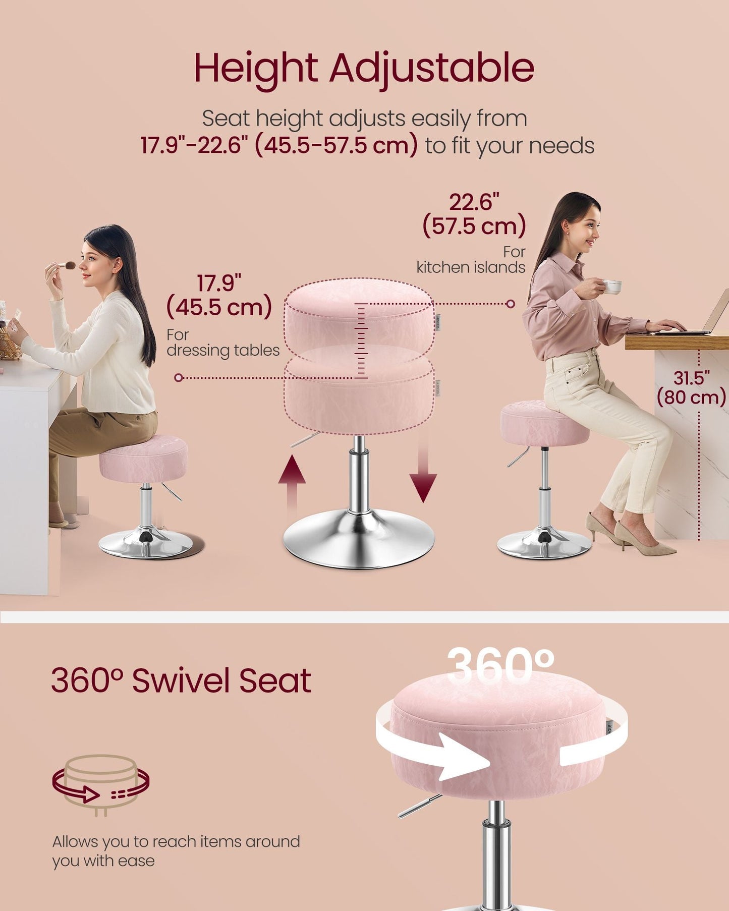 Adjustable Vanity Stool, Makeup Vanity Chair, Cream White