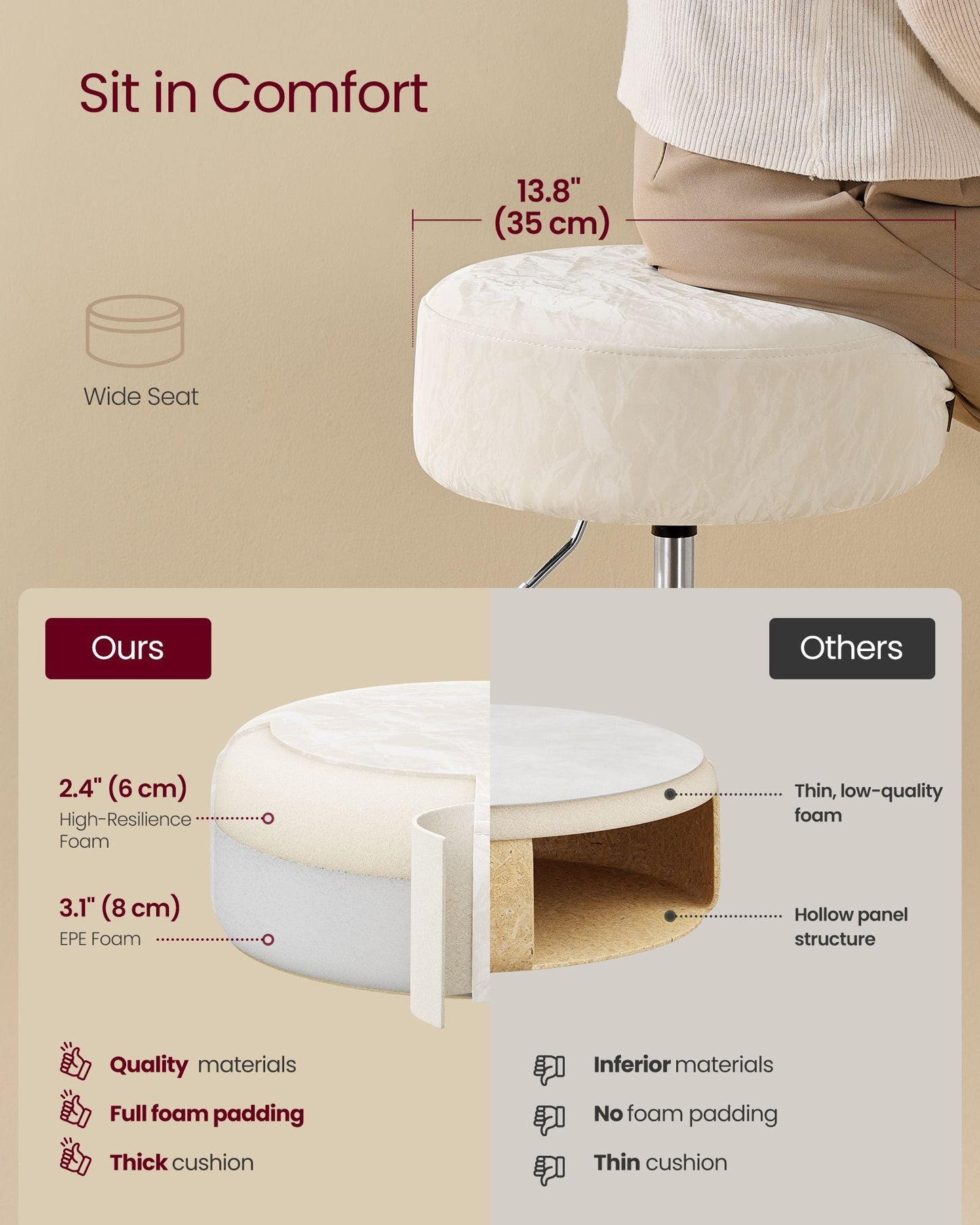 Vanity Stools Set of 2, Makeup Vanity Chairs, Modern, Cream White