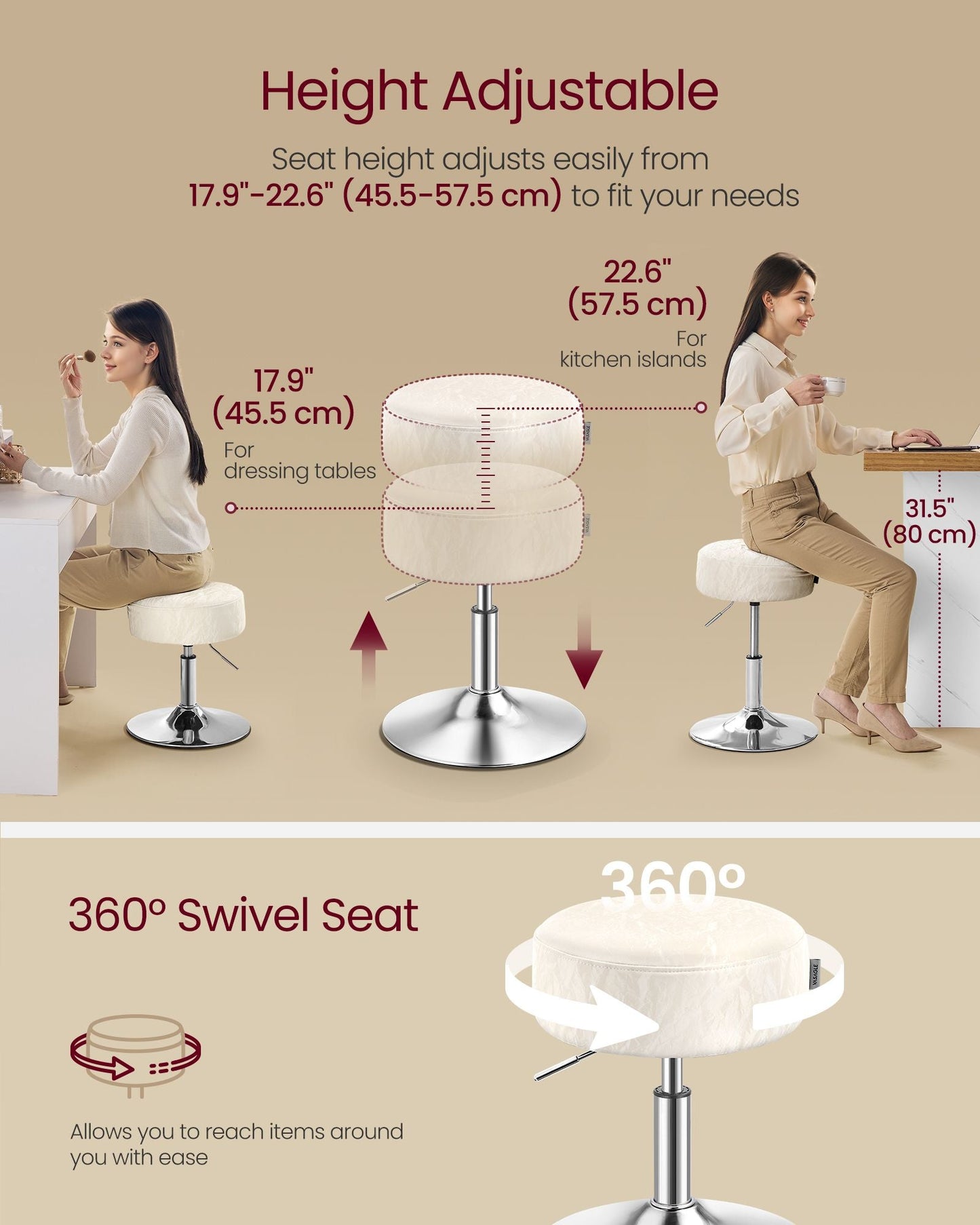 Vanity Stools Set of 2, Makeup Vanity Chairs, Modern, Cream White