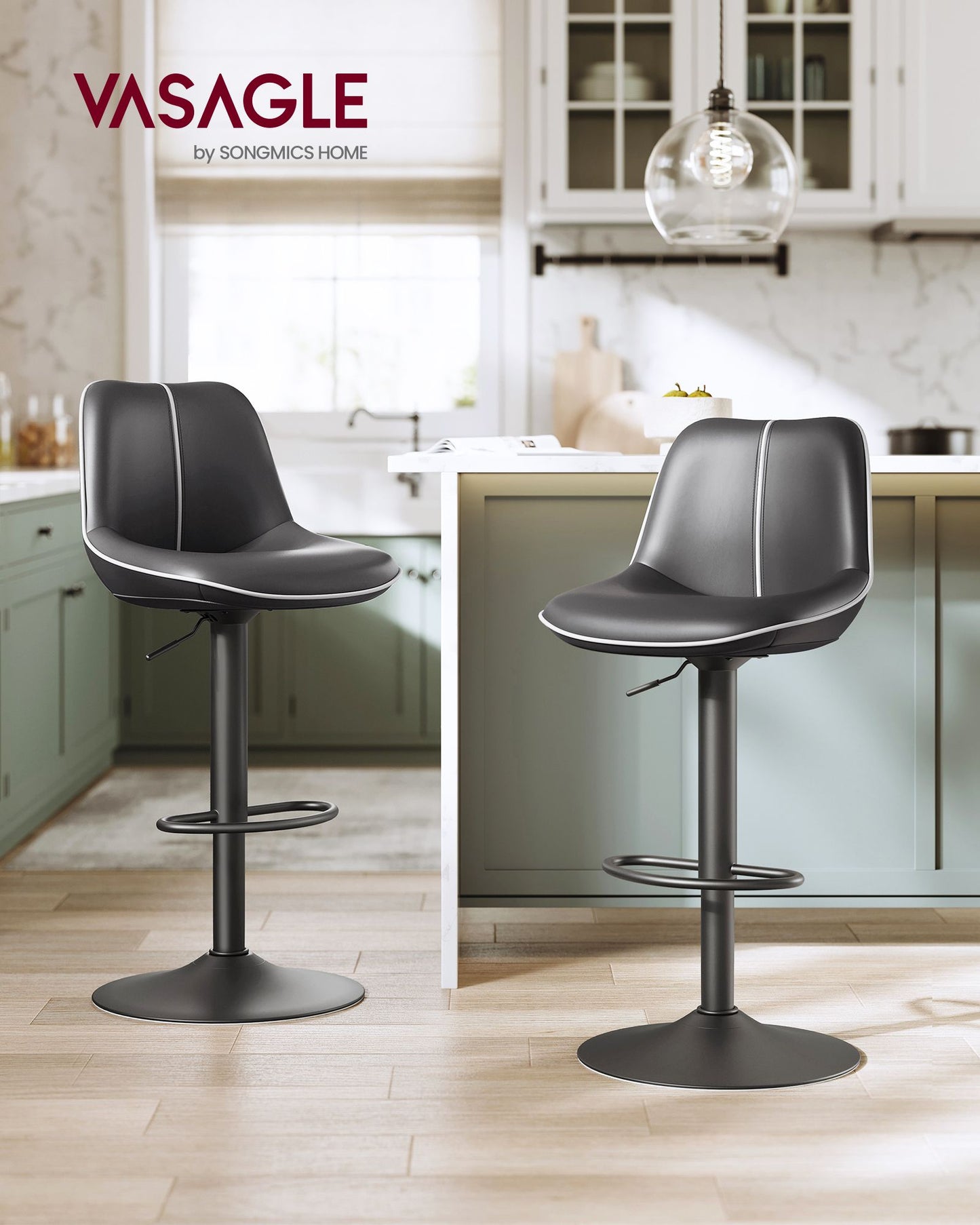 Bar Stools Set of 2, Adjustable Height Swivel Barstools, Ink Black