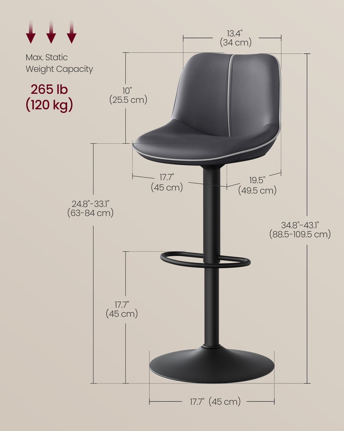 Bar Stools Set of 4, Adjustable Height Swivel Barstools, Caramel Brown