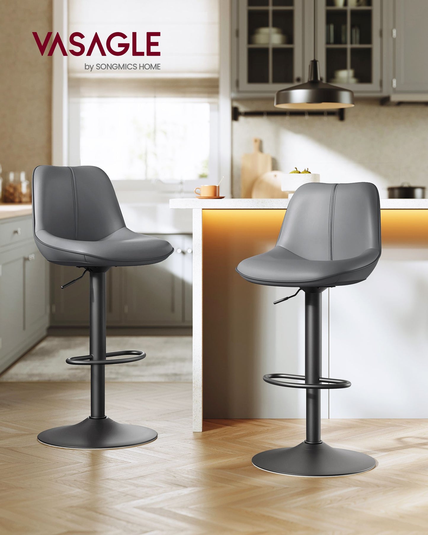Bar Stools Set of 2, Adjustable Height Swivel Barstools, Ink Black