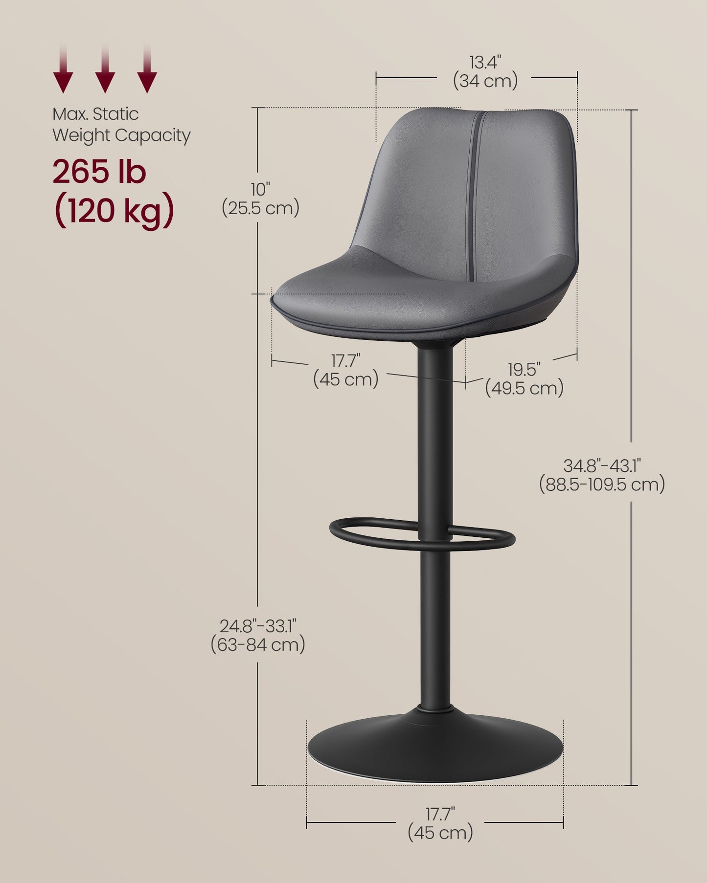 Bar Stools Set of 2, Adjustable Height Swivel Barstools, Ink Black