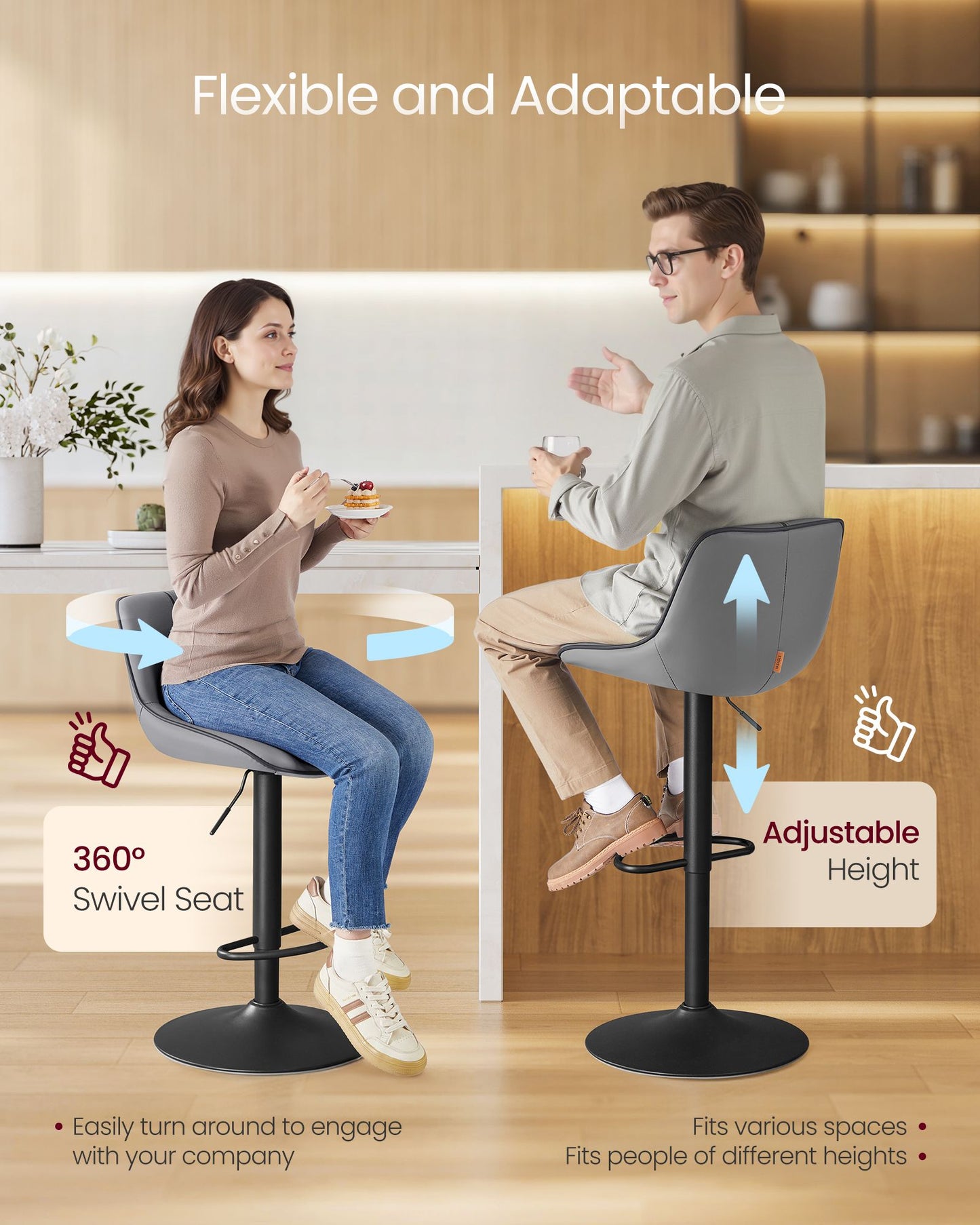 Bar Stools Set of 2, Adjustable Height Swivel Barstools, Ink Black
