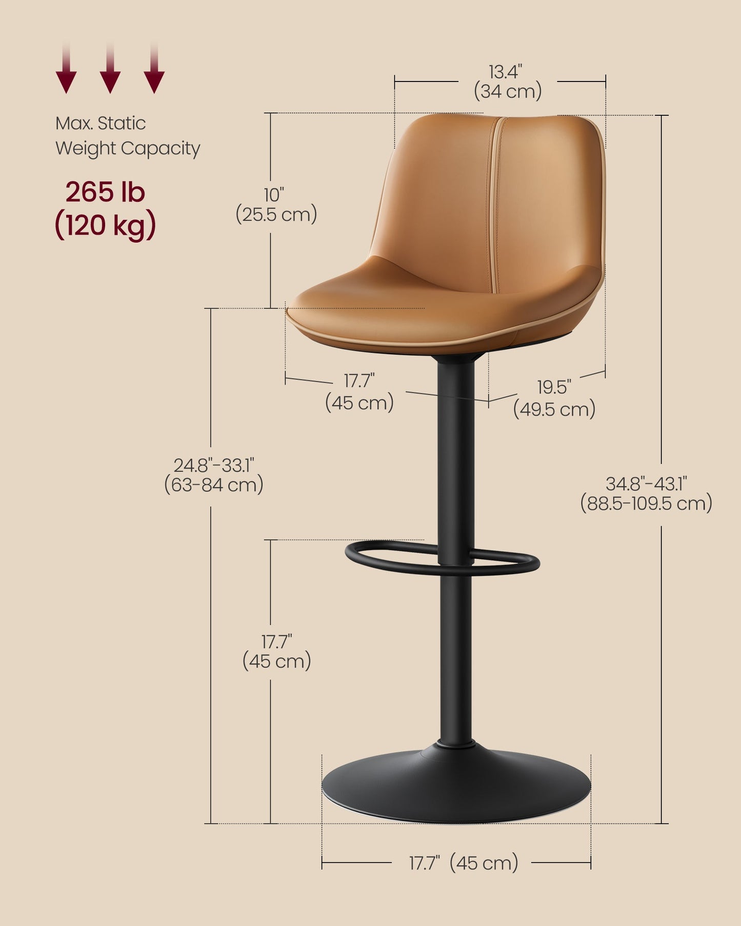 Bar Stools Set of 4, Adjustable Height Swivel Barstools, Caramel Brown