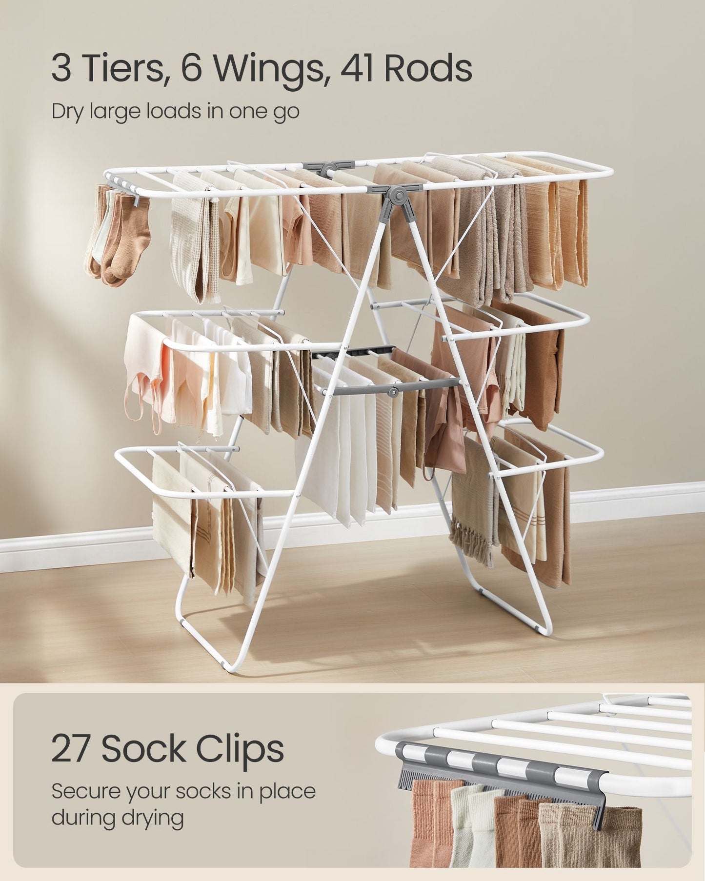 Clothes Drying Rack, Foldable 3-Level Laundry Rack, White and Gray