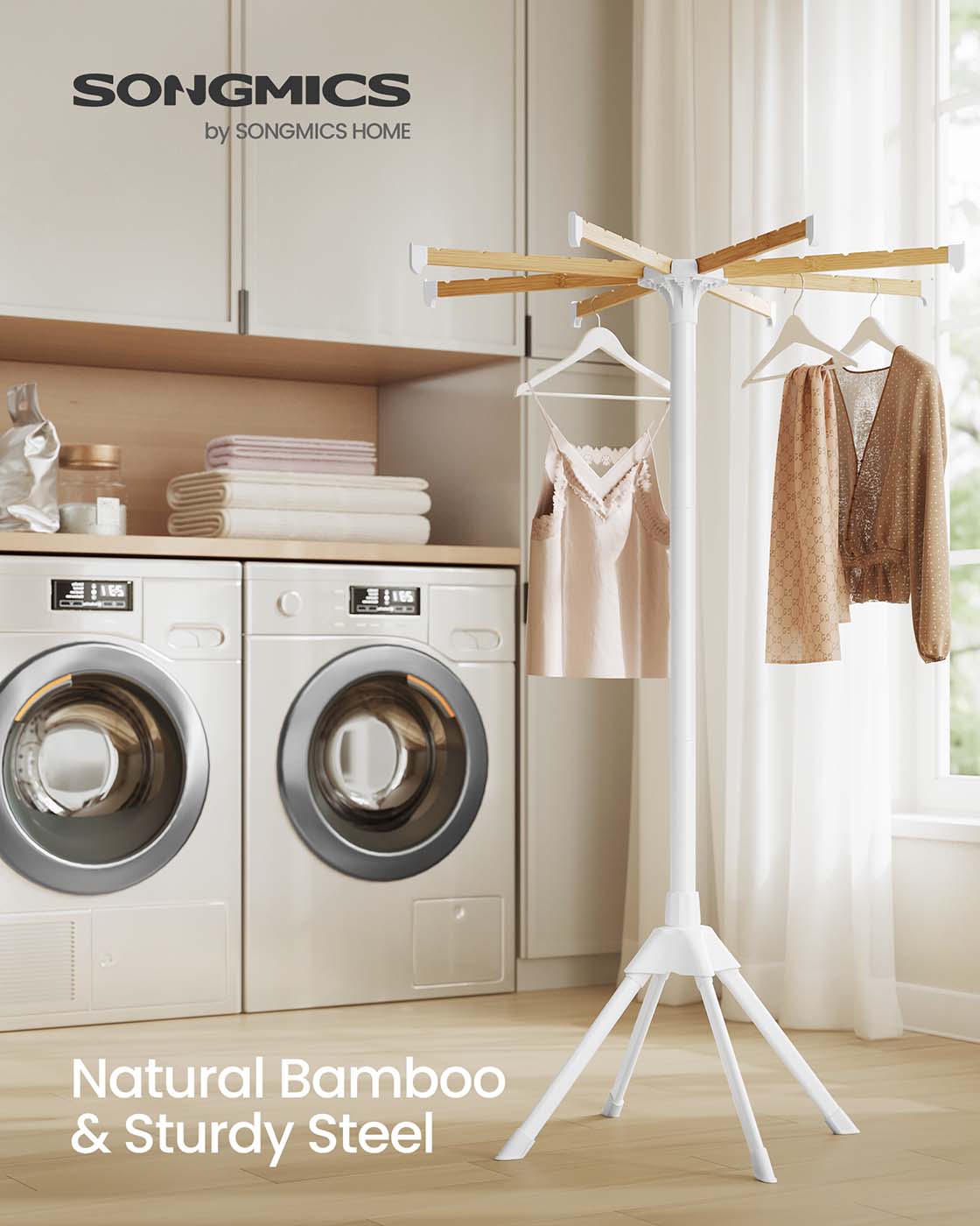 Foldable clothes drying rack with bamboo rods for indoor laundry