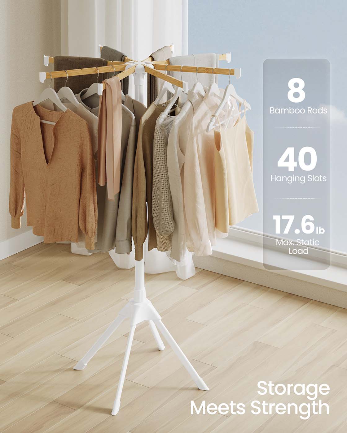 Foldable clothes drying rack with bamboo rods for indoor laundry