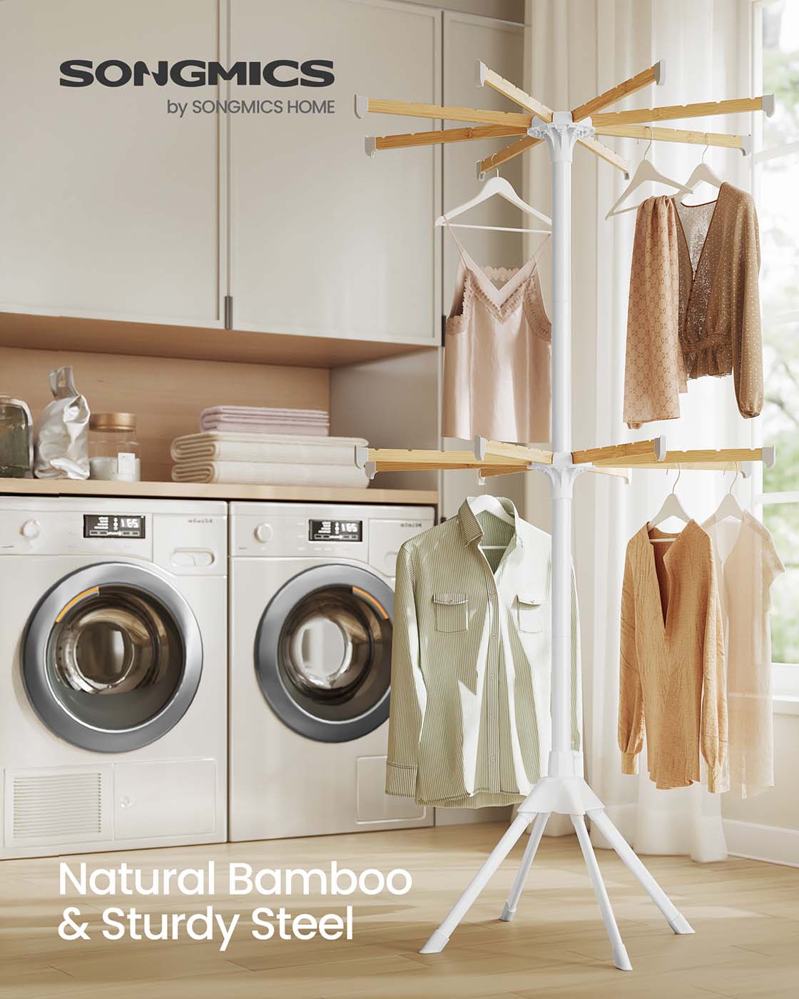 Clothes Drying Rack 2-Tier, with Bamboo Hanging Rods, White and Natural