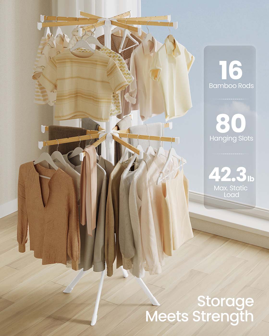 Clothes Drying Rack 2-Tier, with Bamboo Hanging Rods, White and Natural