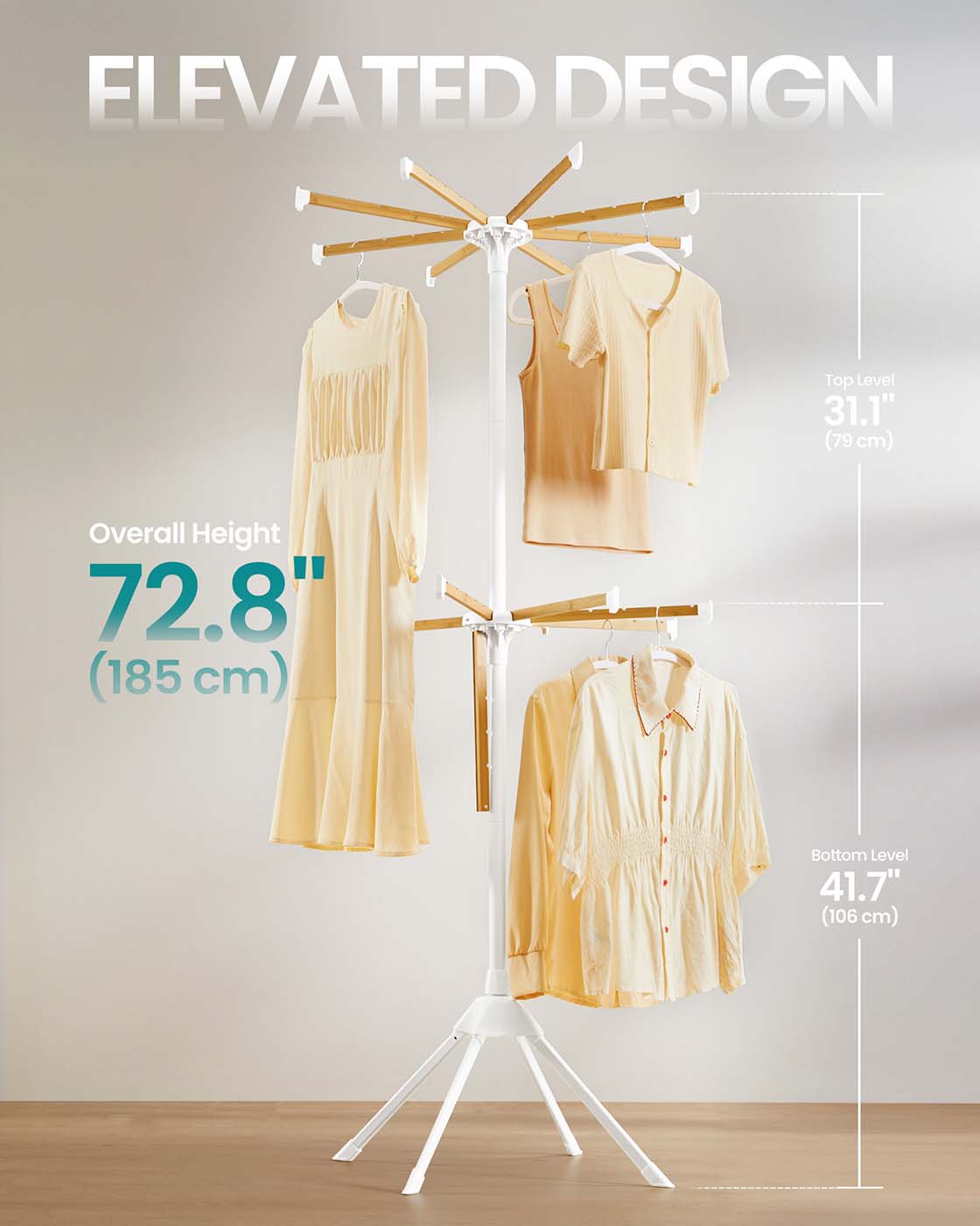 Clothes Drying Rack 2-Tier, with Bamboo Hanging Rods, White and Natural