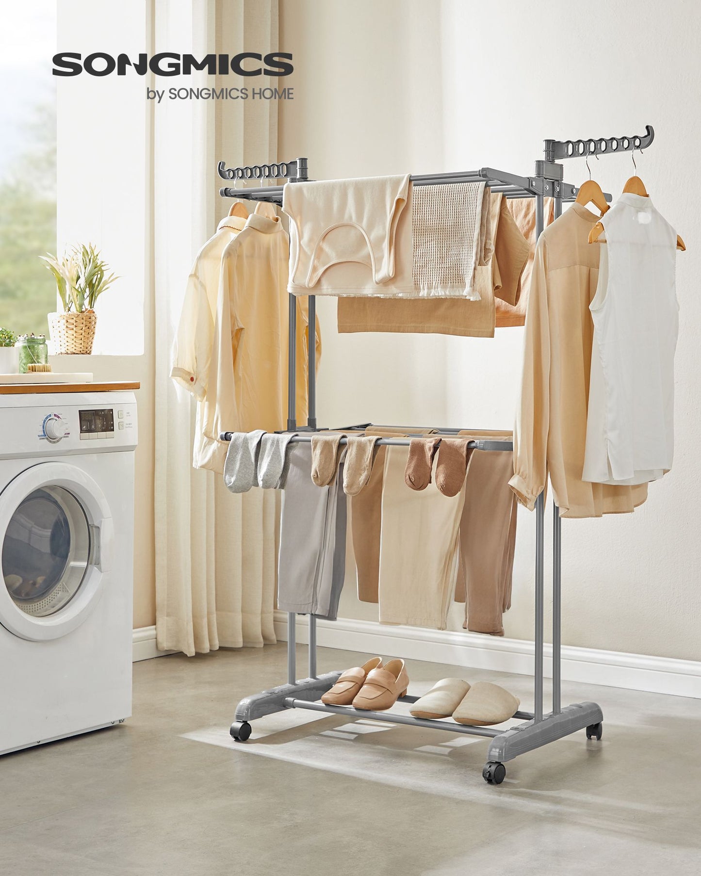 Clothes Drying Rack 3-Tier, Foldable Laundry Drying Rack 148 cm Tall, Stainless Steel, Rolling Laundry Horses