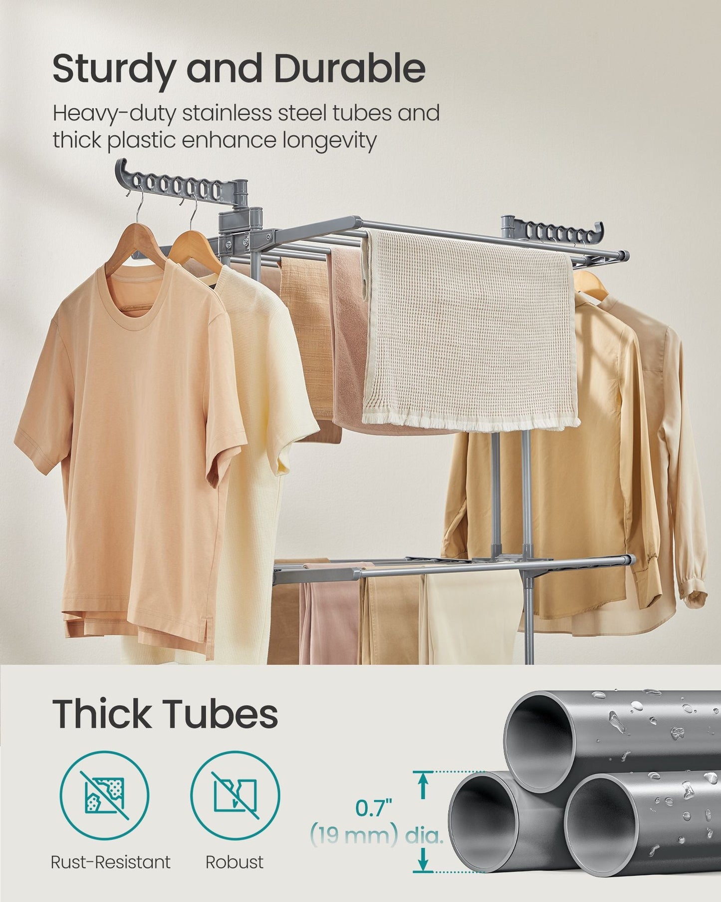 Clothes Drying Rack 3-Tier, Foldable Laundry Drying Rack 148 cm Tall, Stainless Steel, Rolling Laundry Horses