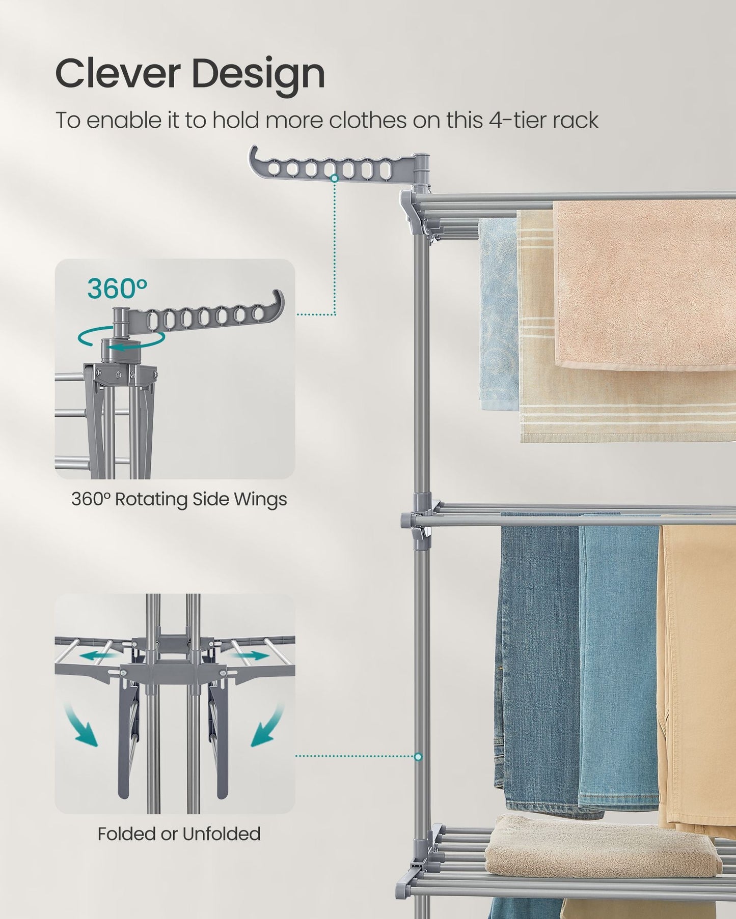 Clothes Drying Rack 4-Tier, Foldable Laundry Drying Rack 173 cm Tall