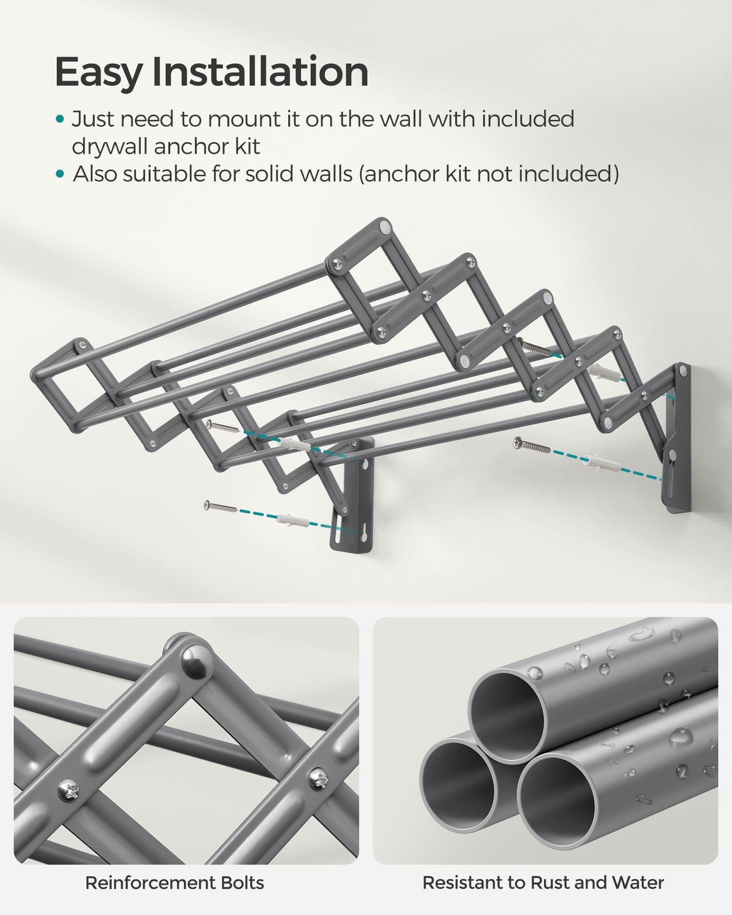 Wall-Mounted Expandable Steel Clothes Drying Rack with 9 Rods
