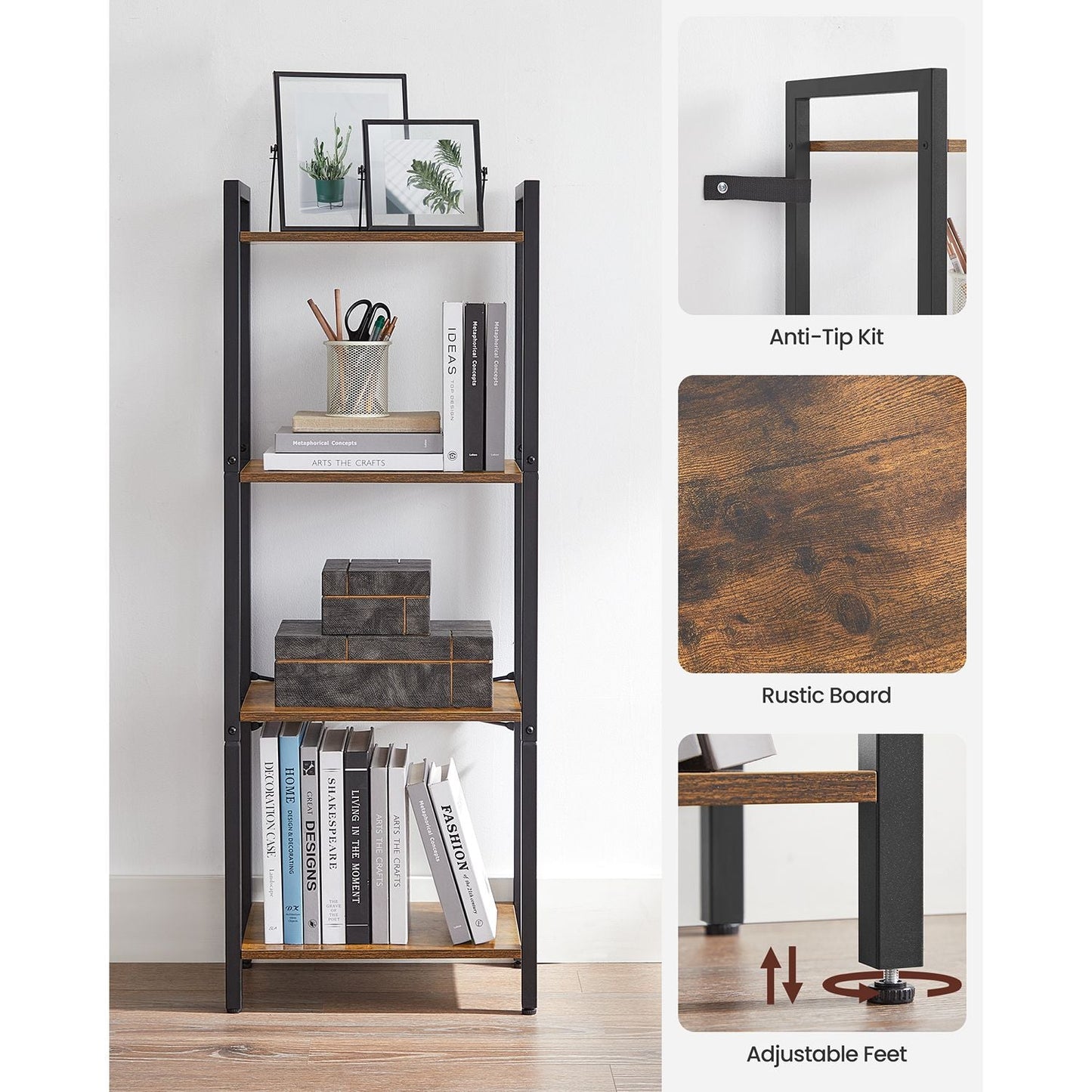 4-Tier Tall Bookshelf with Steel Frame