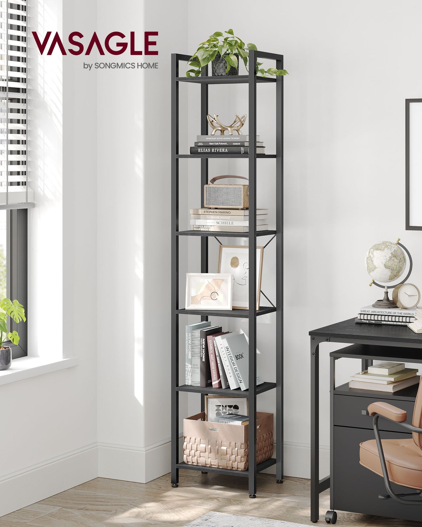 6-Tier TNarrow Bookcase with Steel Frame