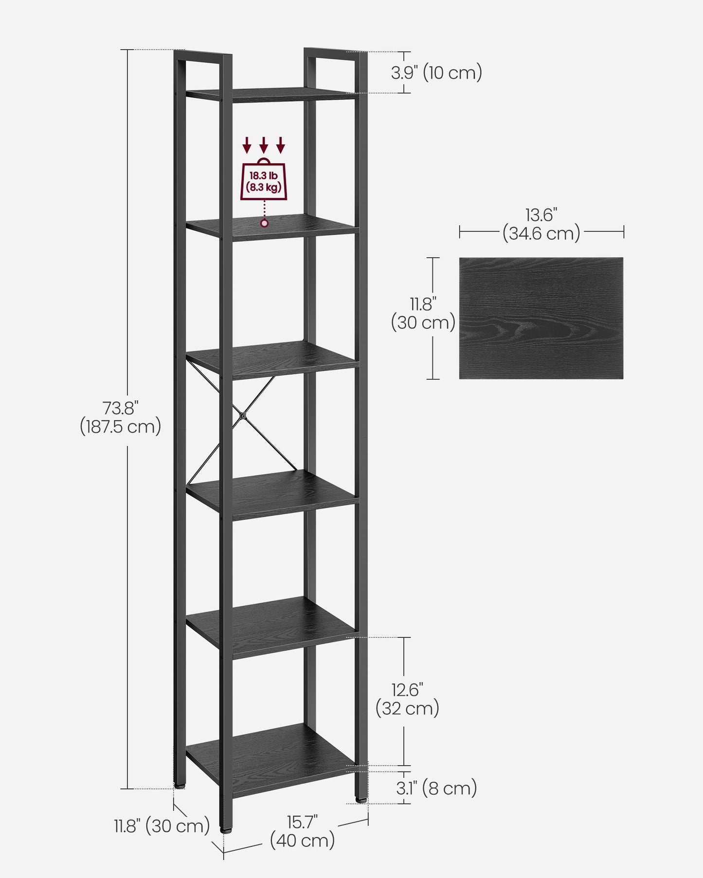 6-Tier TNarrow Bookcase with Steel Frame