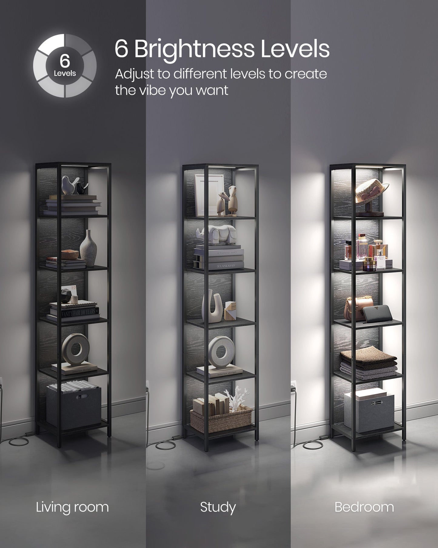 6-Tier LED Bookshelf with Dimmable Lights