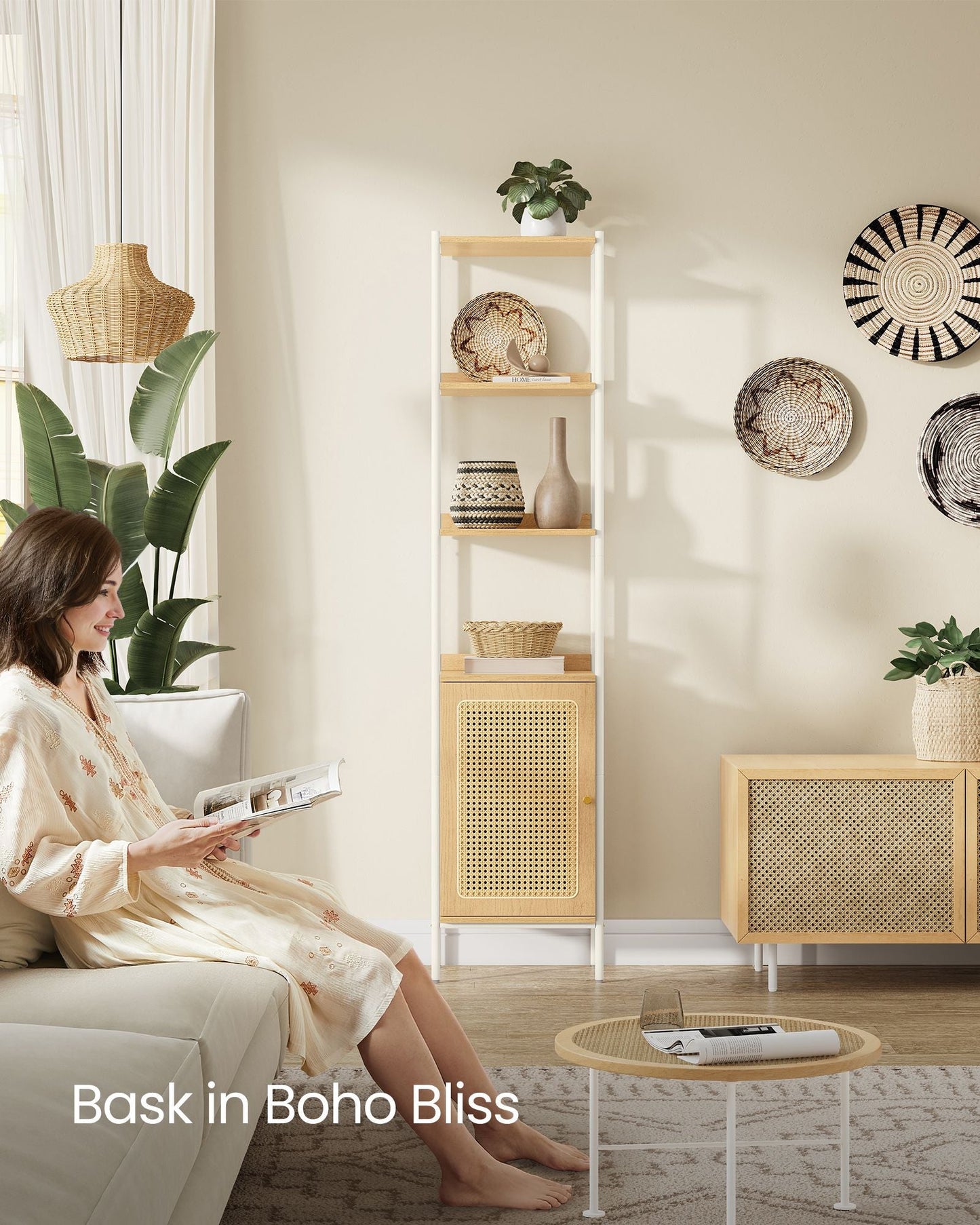 6-Tier Bookcase with Rattan-Like Door