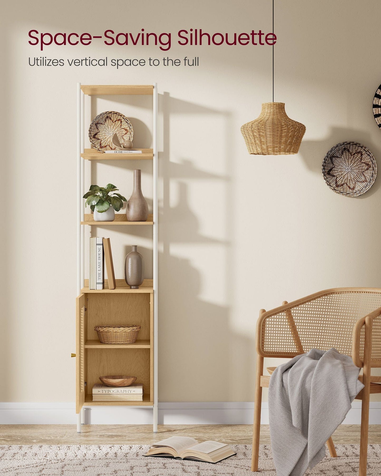 6-Tier Bookcase with Rattan-Like Door