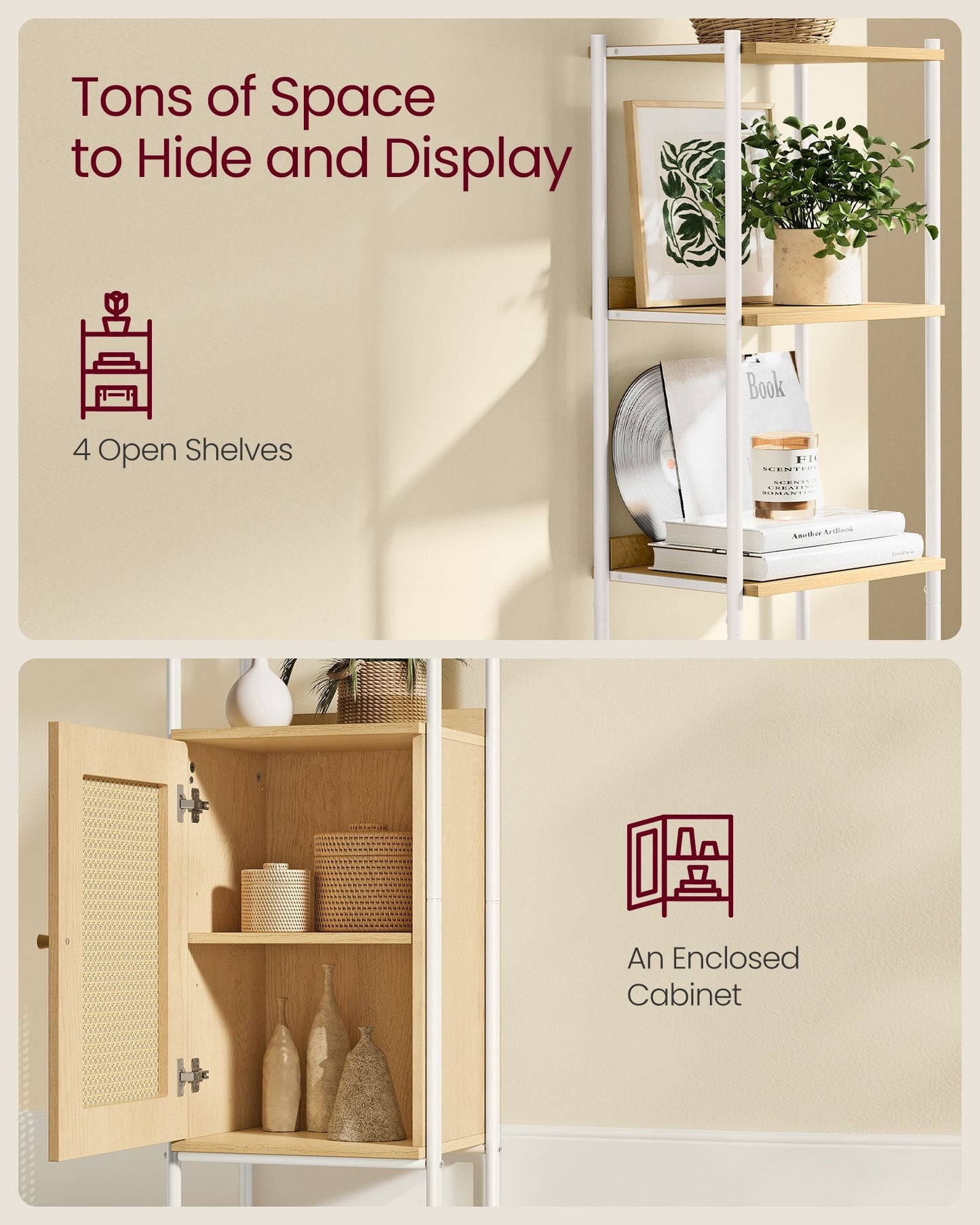 6-Tier Bookcase with Rattan-Like Door