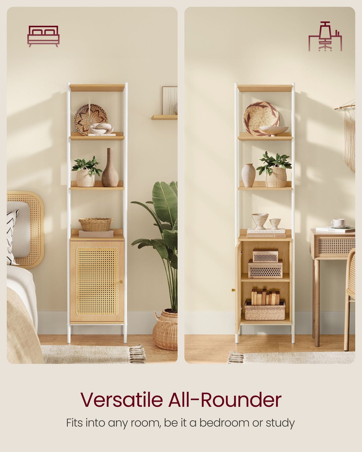 6-Tier Bookcase with Rattan-Like Door