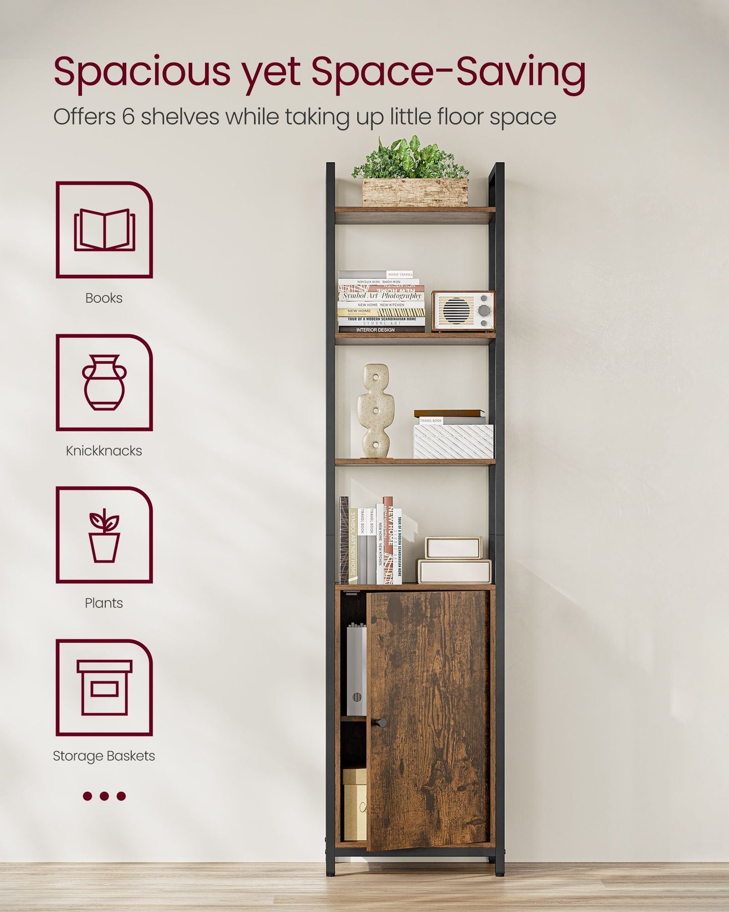 6-Tier Tall Bookcase with Door