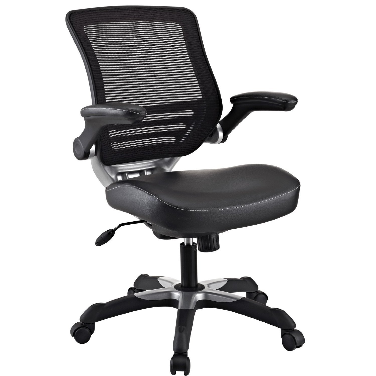 Black office chair with mesh backrest on a white background