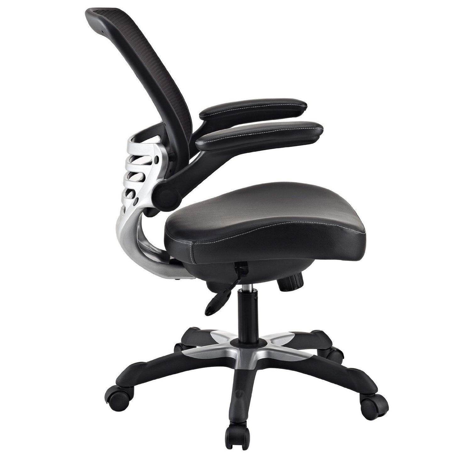 Black office chair with adjustable armrests on a white background