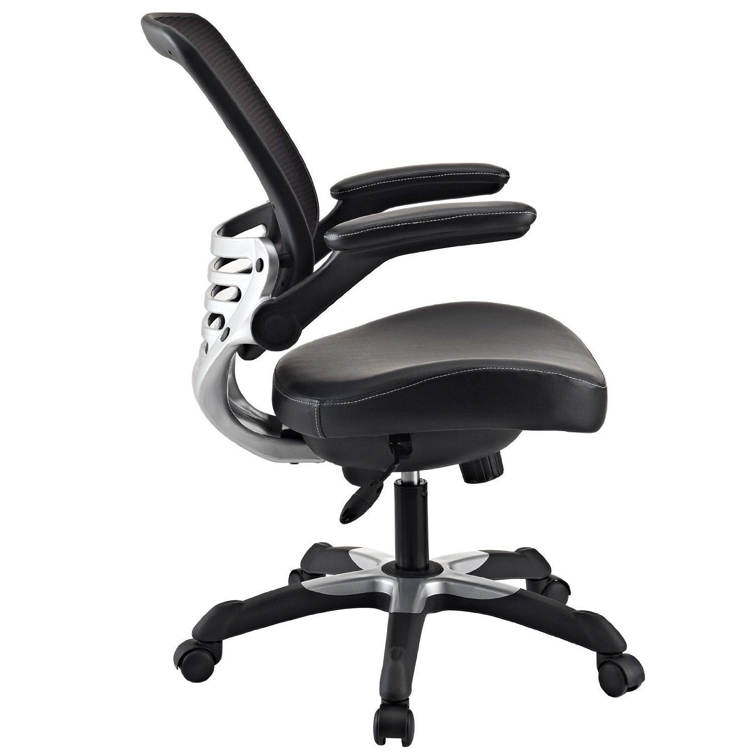 Black office chair with adjustable armrests on a white background