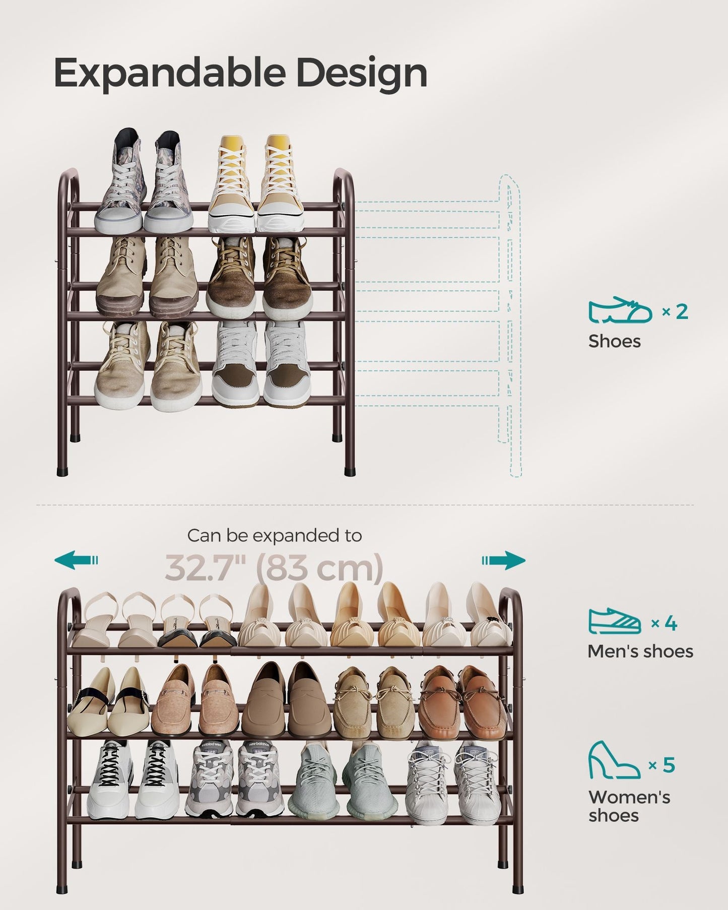 3 Tier Expandable Shoe Rack, Holds up to 20 Pairs of Shoes