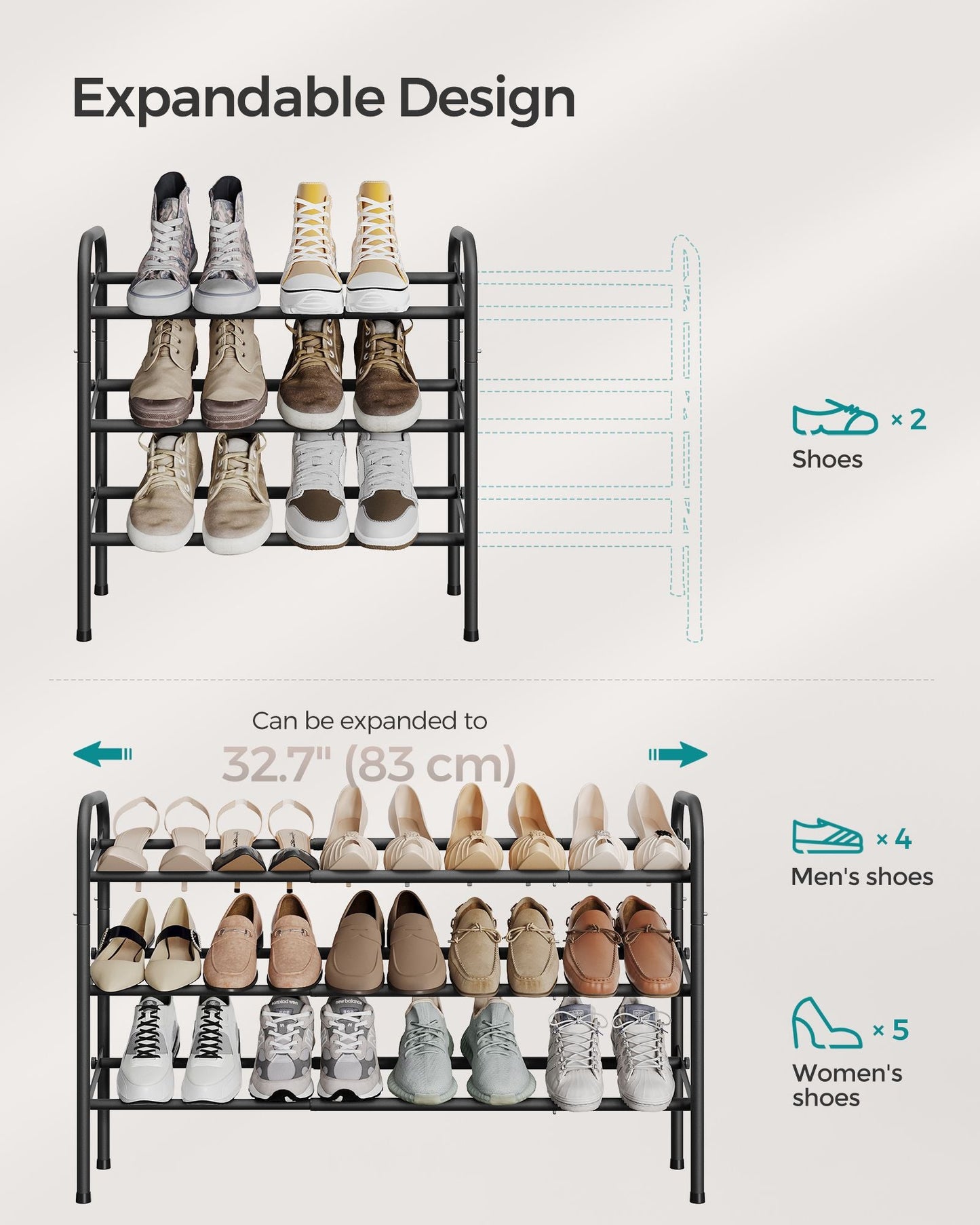 3 Tier Expandable Shoe Rack, Holds up to 20 Pairs of Shoes