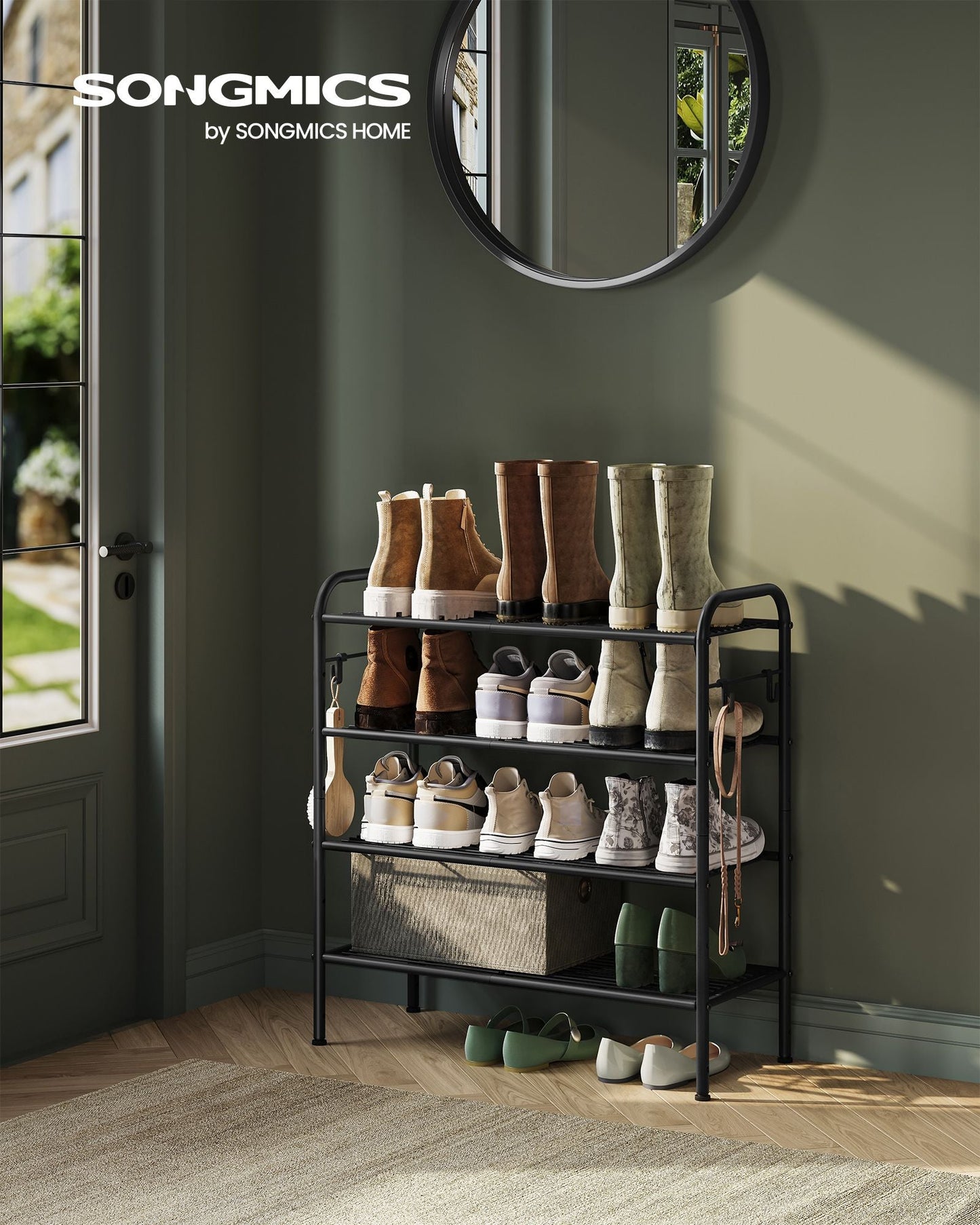 4-Tier Shoe Rack with 4 Side Hooks, Holds 16 Pairs of Shoes