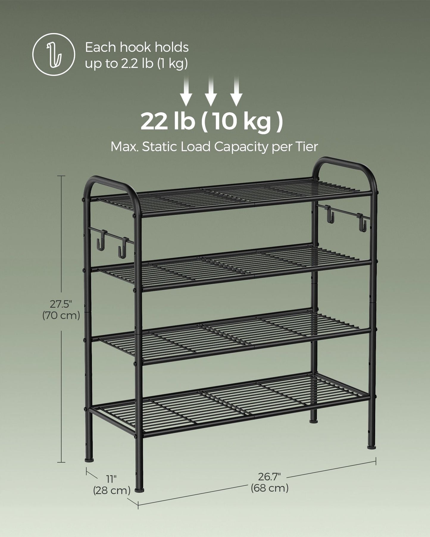 4-Tier Shoe Rack with 4 Side Hooks, Holds 16 Pairs of Shoes