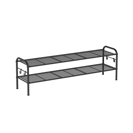 2-Tier Shoe Rack with 4 Side Hooks, Holds 12 Pairs of Shoes