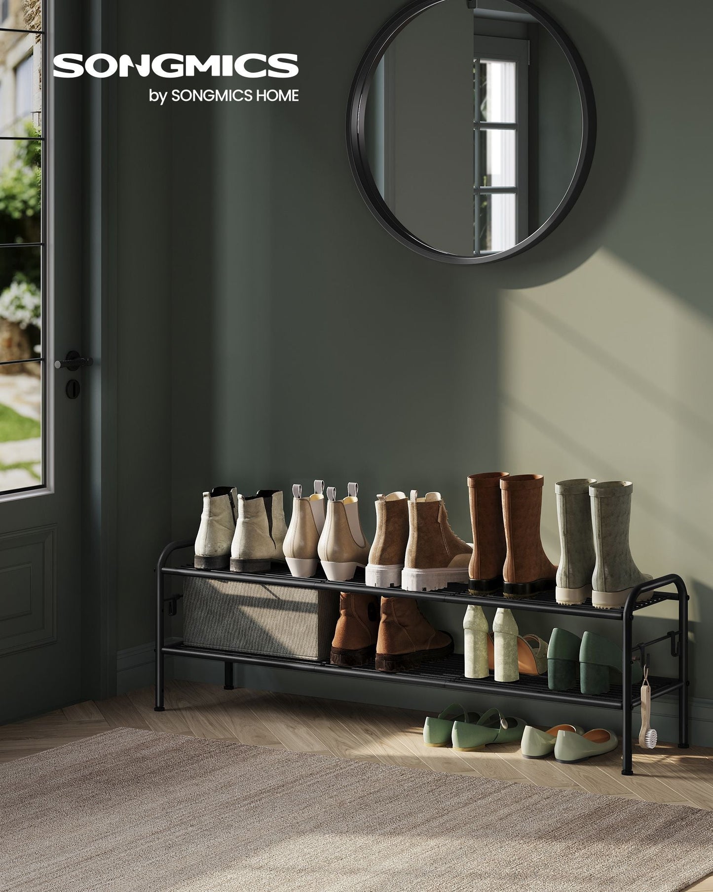 2-Tier Shoe Rack with 4 Side Hooks, Holds 12 Pairs of Shoes