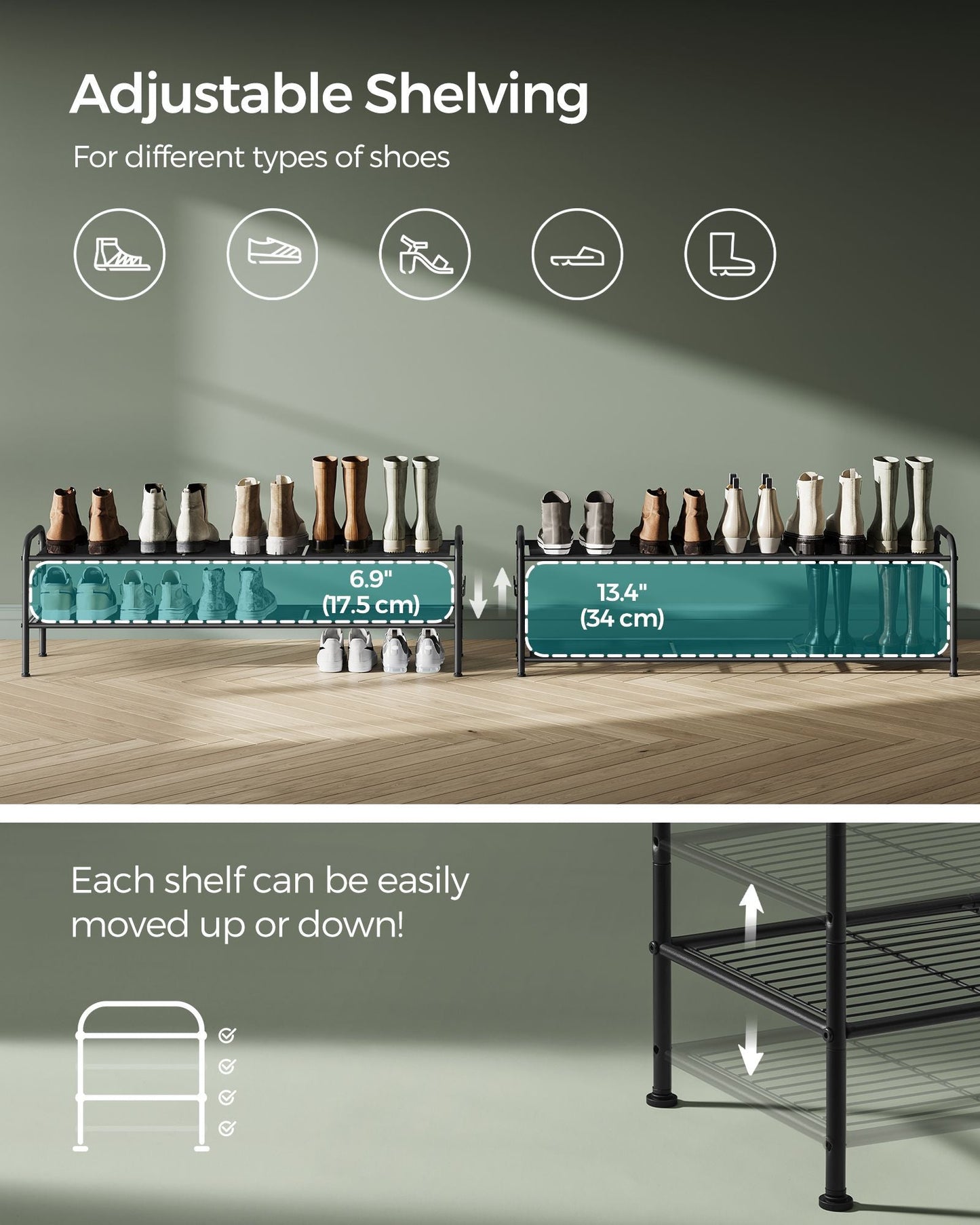 2-Tier Shoe Rack with 4 Side Hooks, Holds 12 Pairs of Shoes