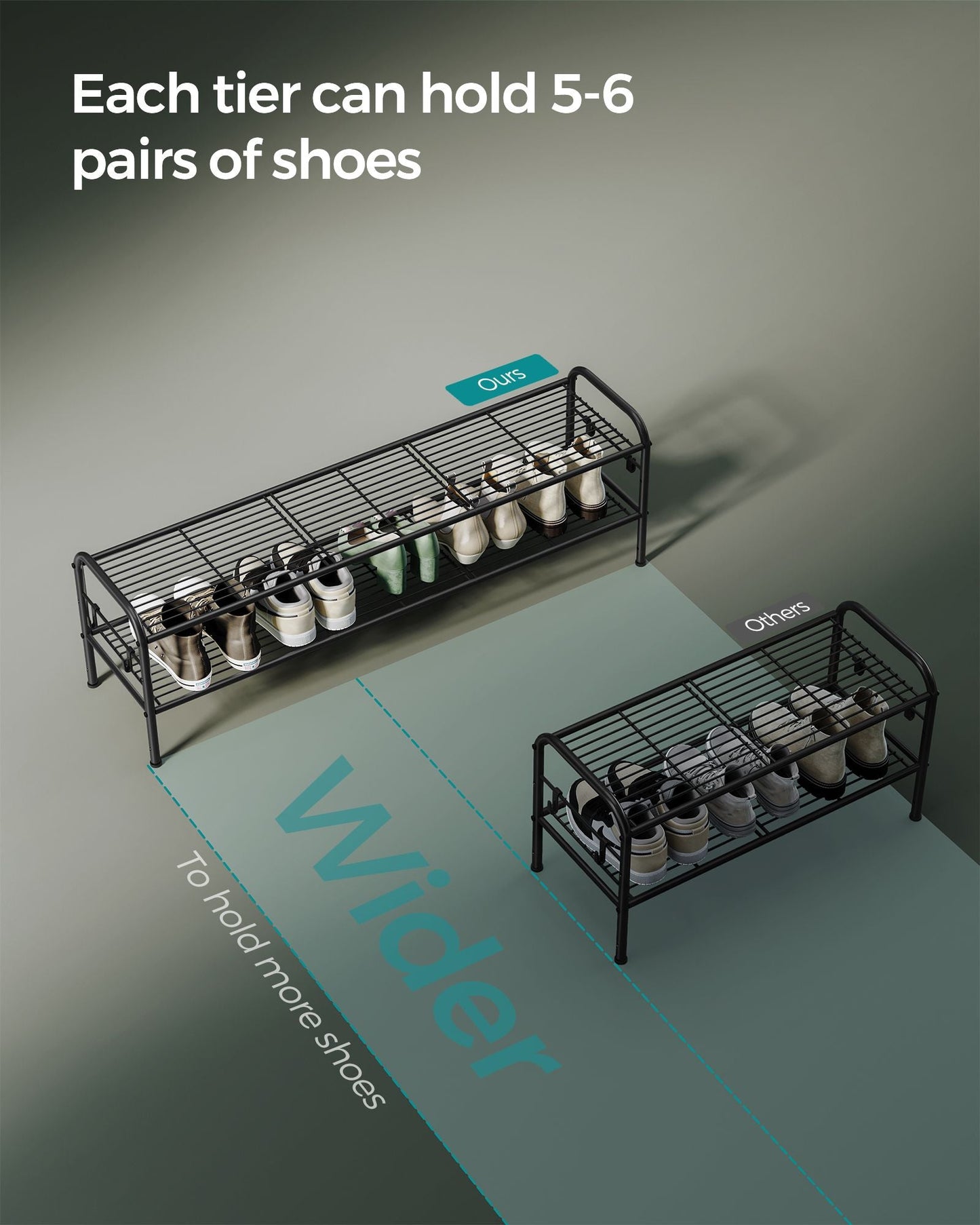 2-Tier Shoe Rack with 4 Side Hooks, Holds 12 Pairs of Shoes